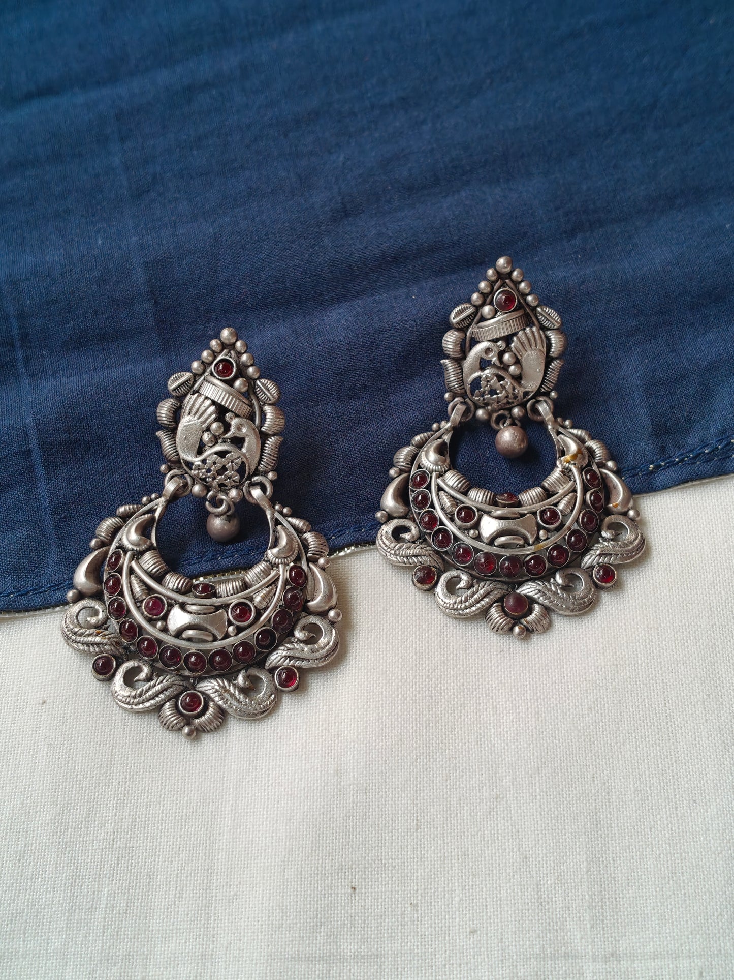 Peacock with red stones stud earrings in 92.5 sterling silver