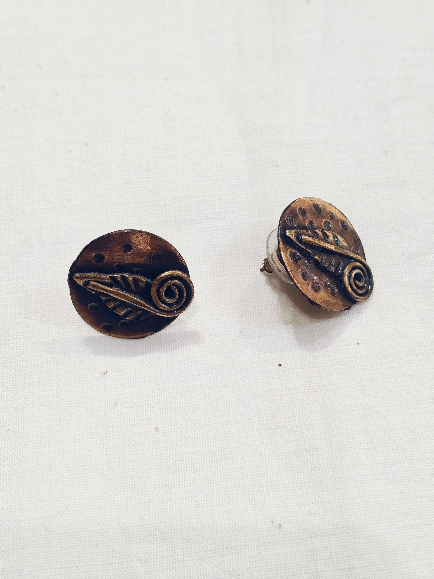 Leaf in a circle handcrafted copper n brass stud earrings