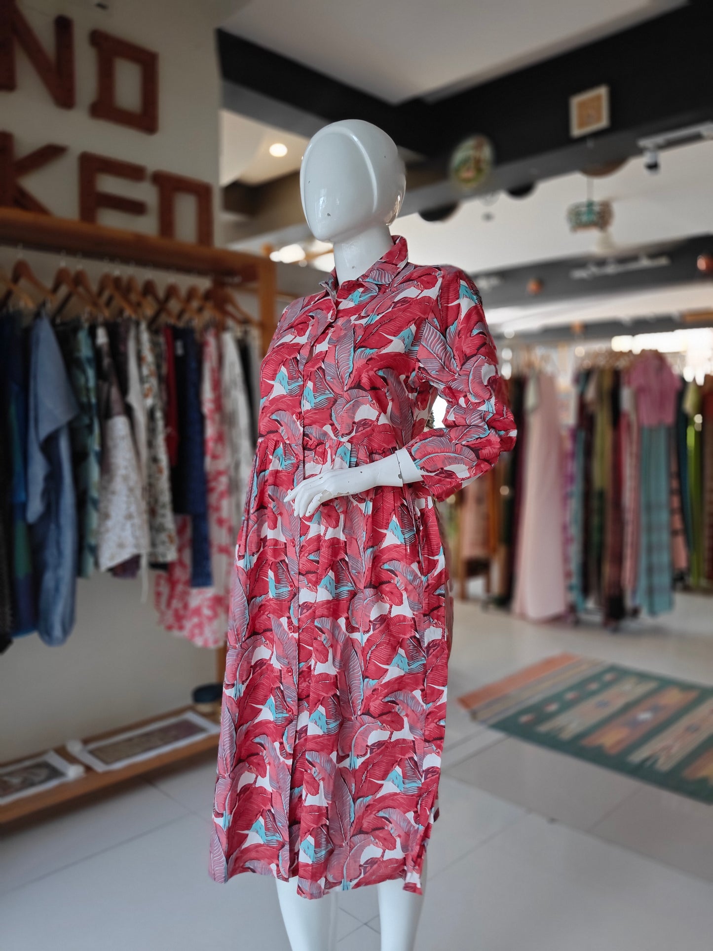 Pink and turquoise feathers printed shirt style red cotton collared dress