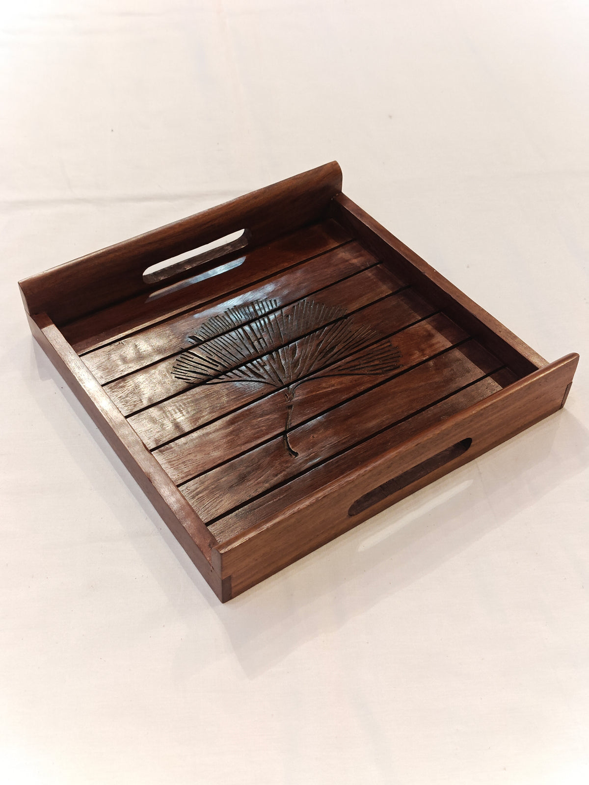 Engraved Ginkgo leaf design wooden handcrafted tray - 10 x 10 inches