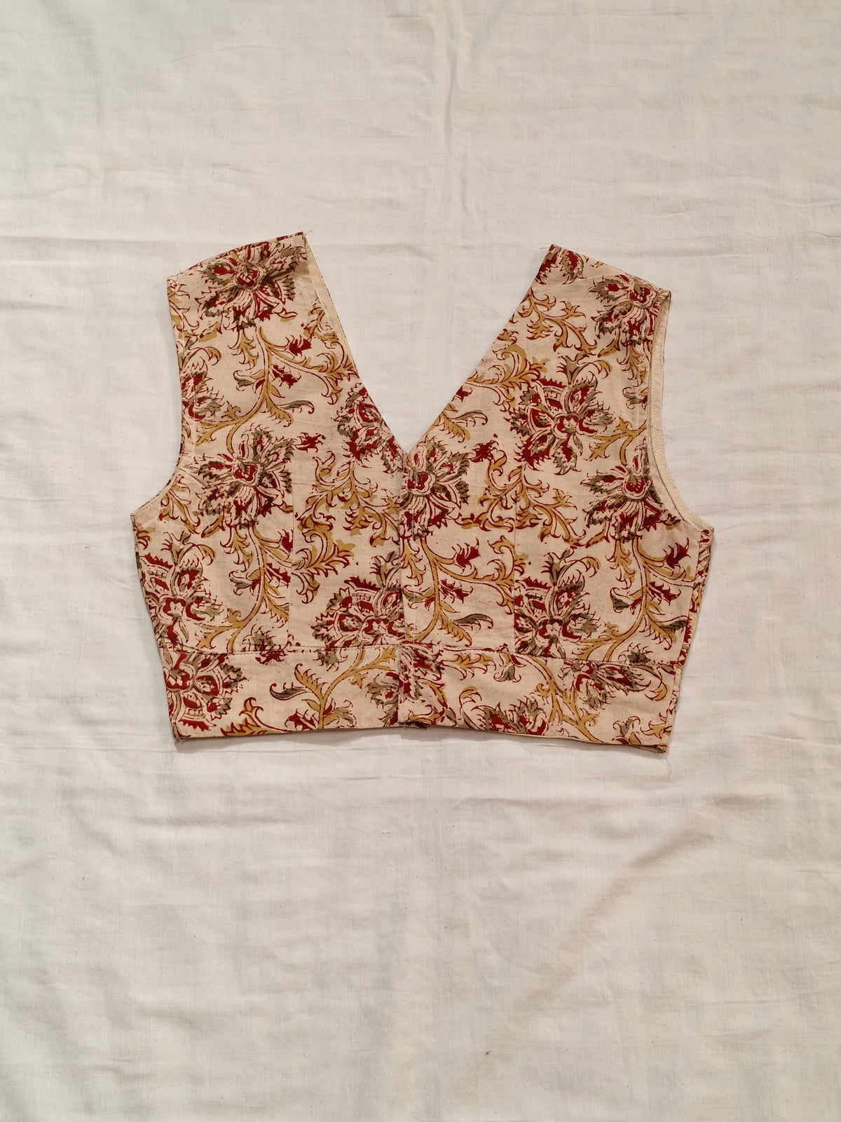 Cream and red floral hand block printed floral printed cotton blouse - back open, sleeveless