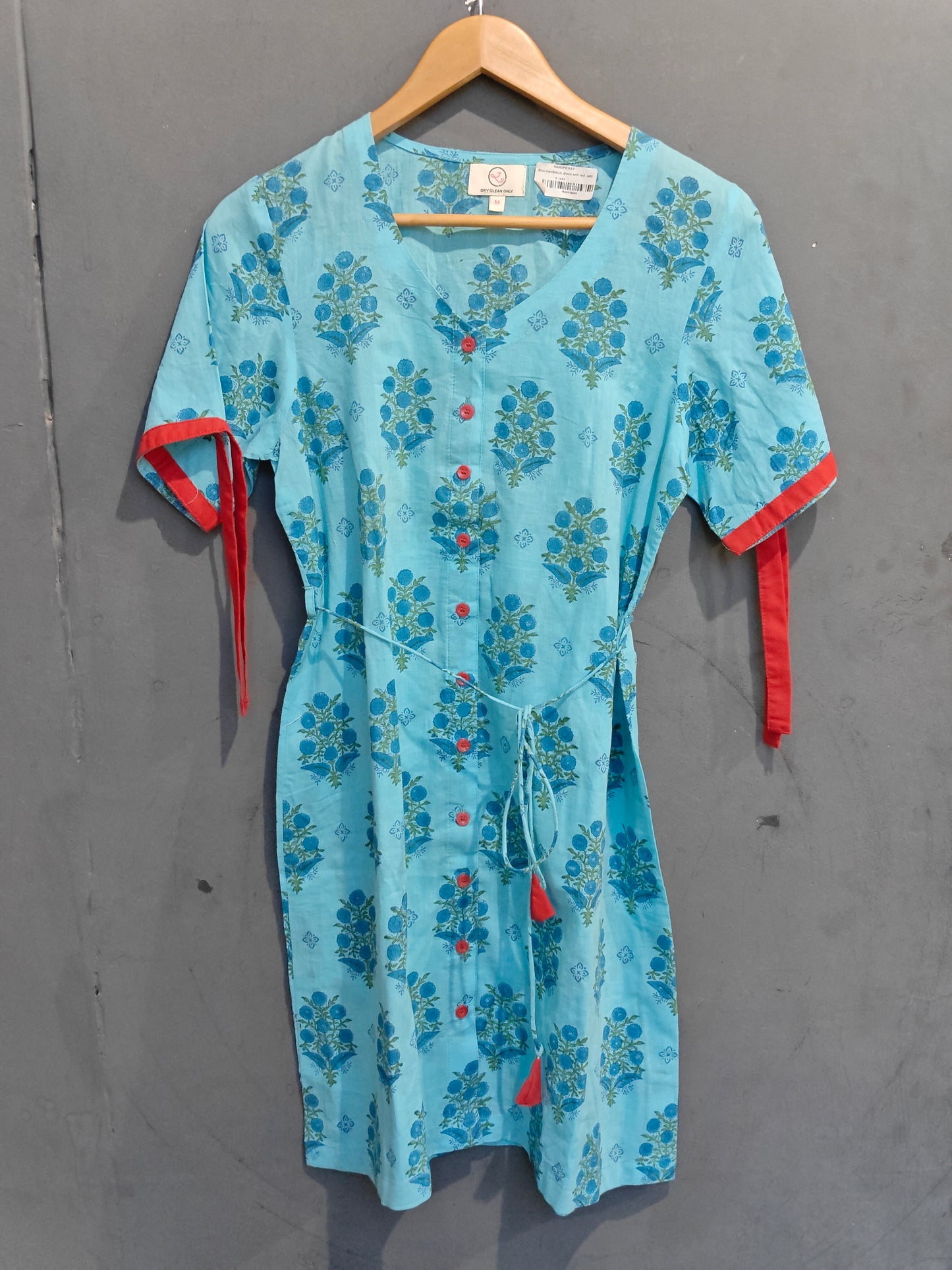 Blue floral handblock printed dress with red trims