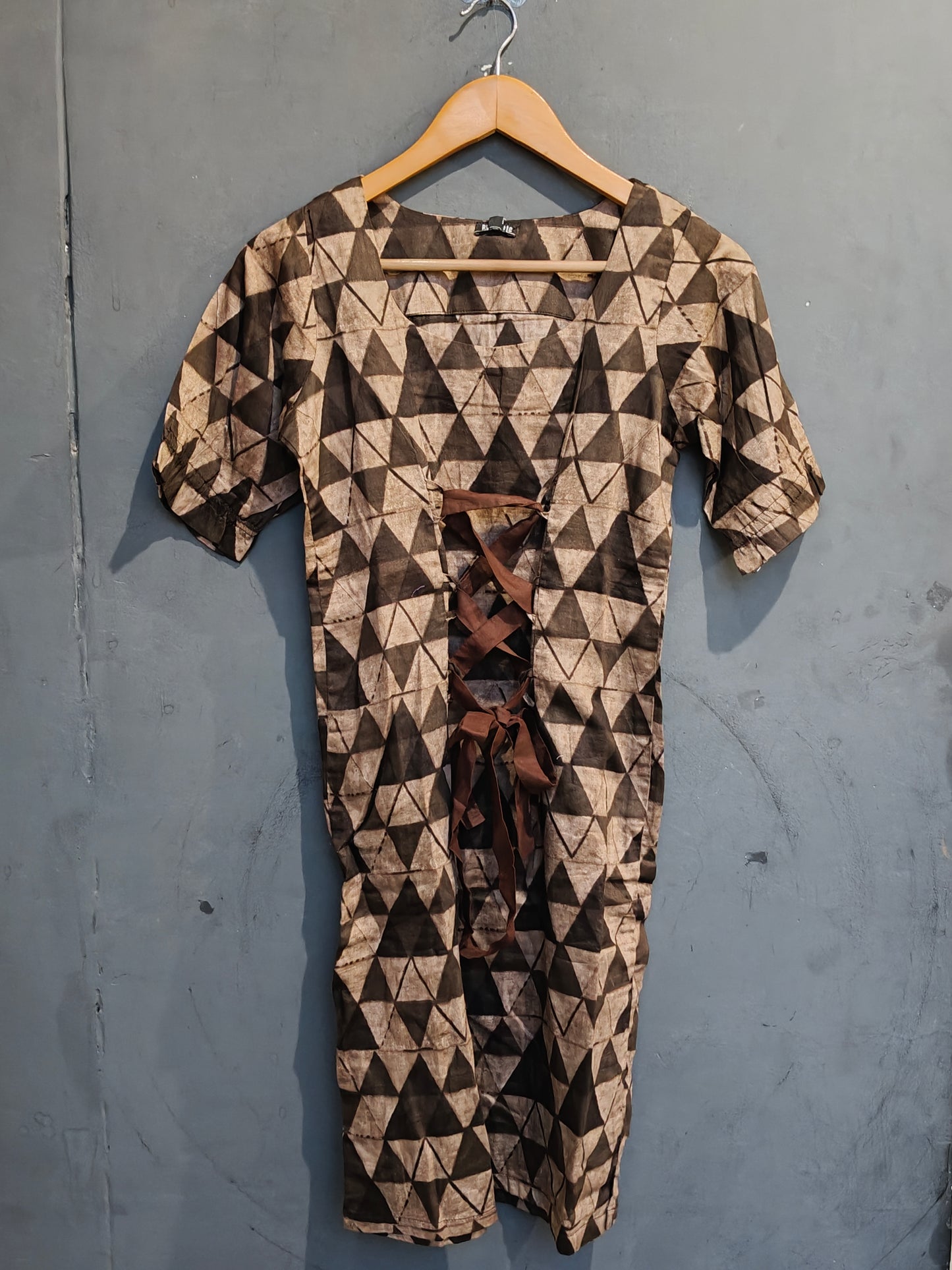 Brown triangles printed dress with criss cross tie up
