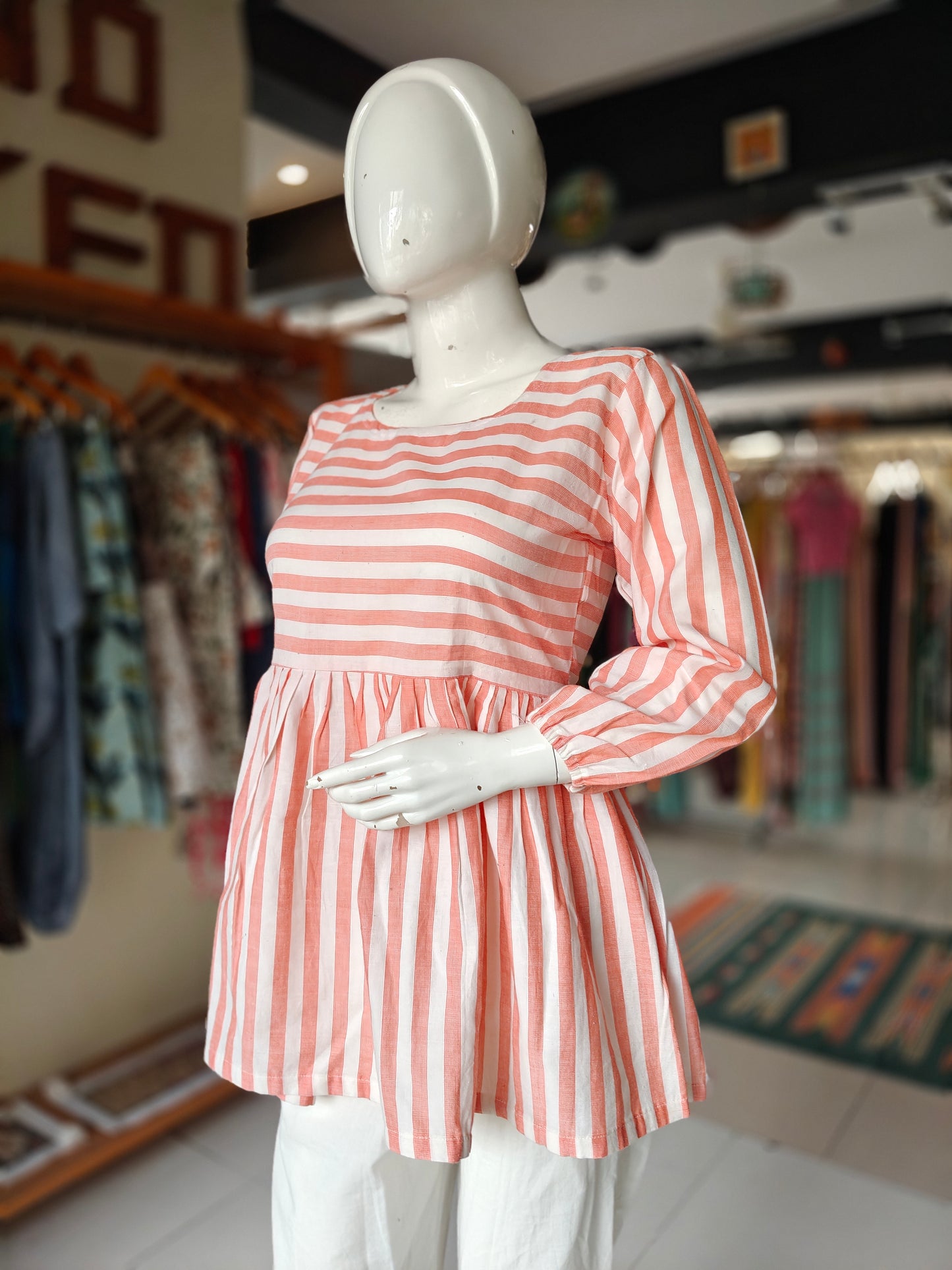 Orange and white striped long sleeves handloom cotton top