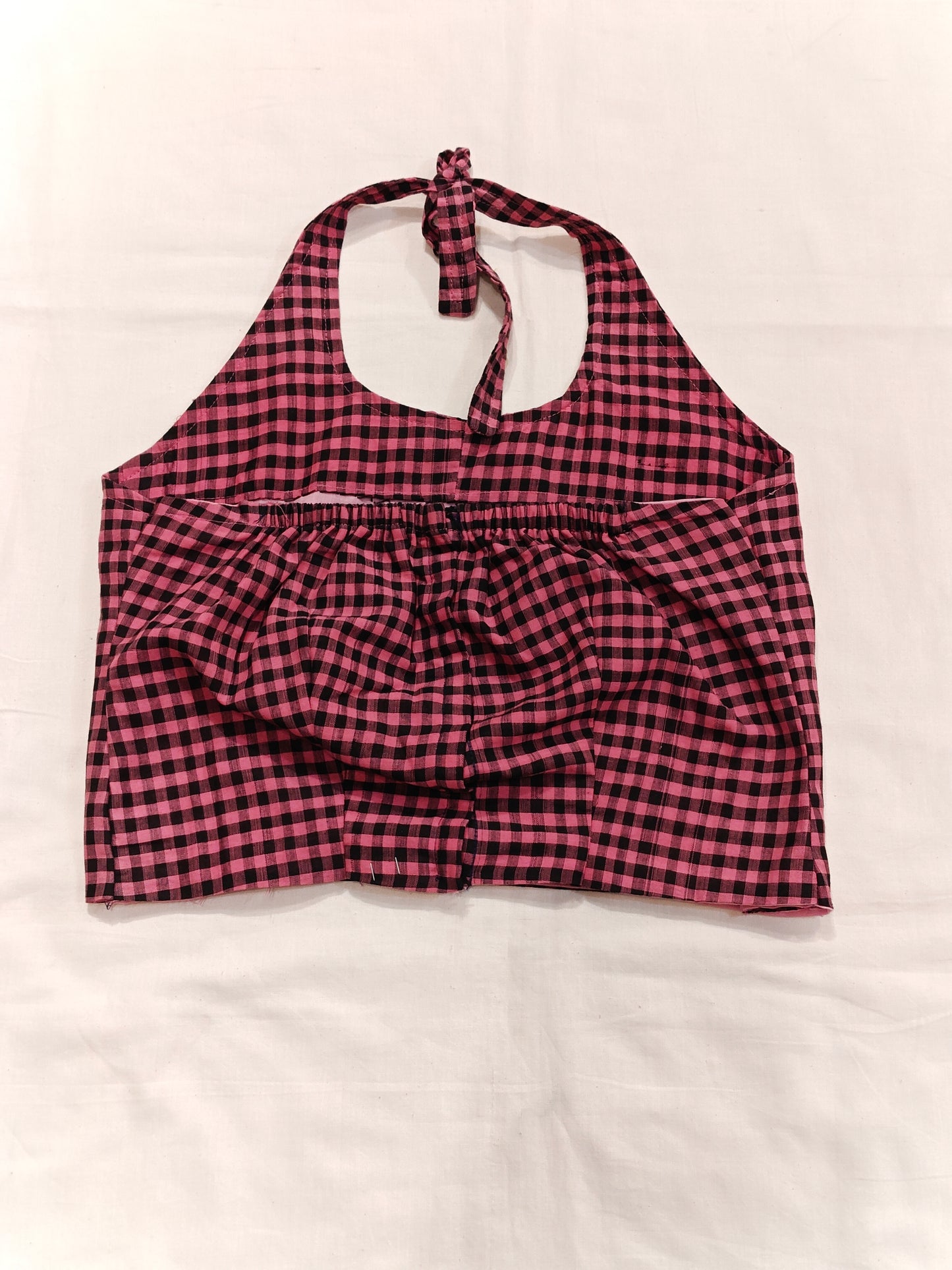 Pink and black checkered halter neck handloom cotton blouse