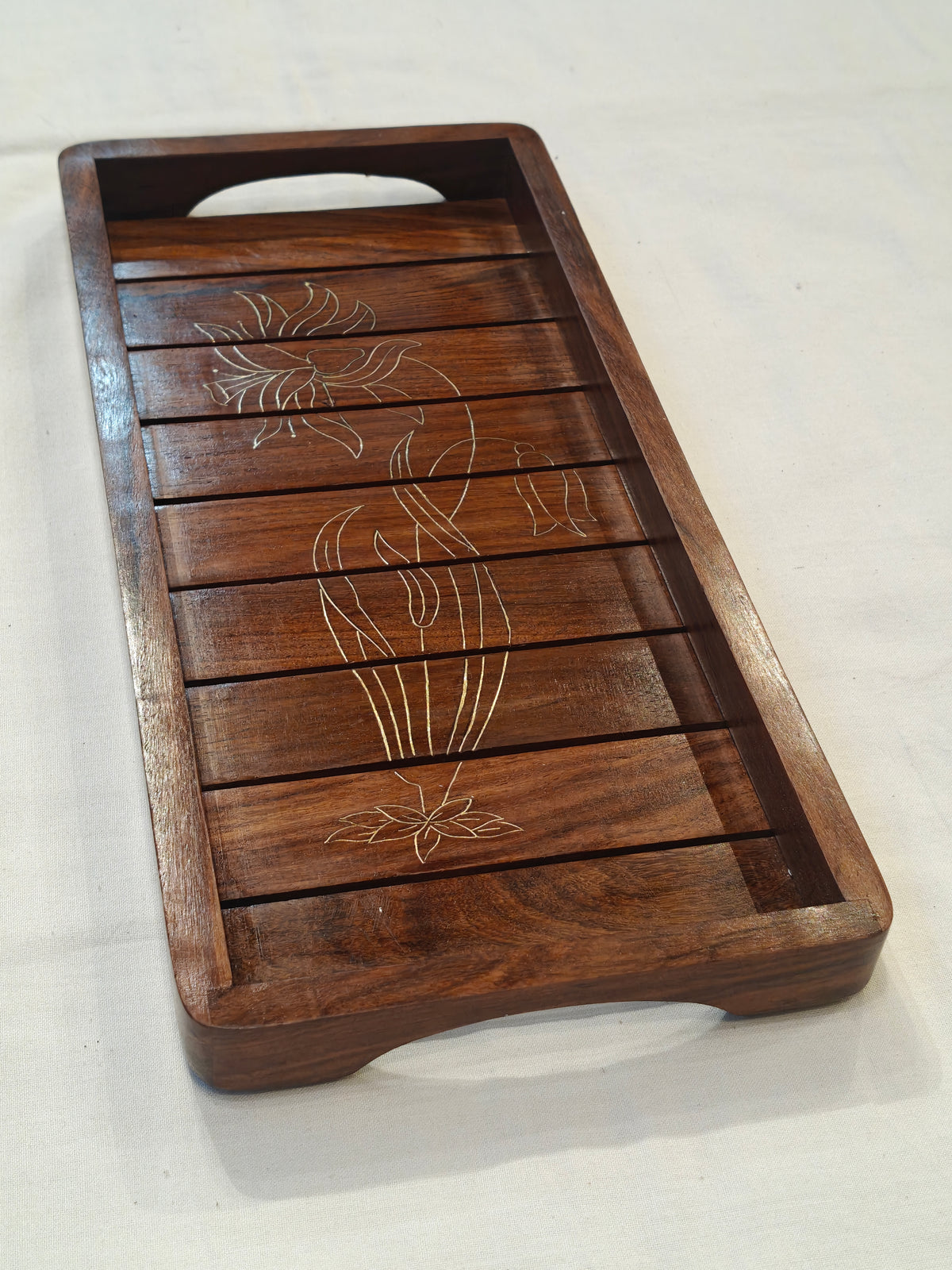 Brass inlay work wooden handcrafted tray - 13 x 6 inches