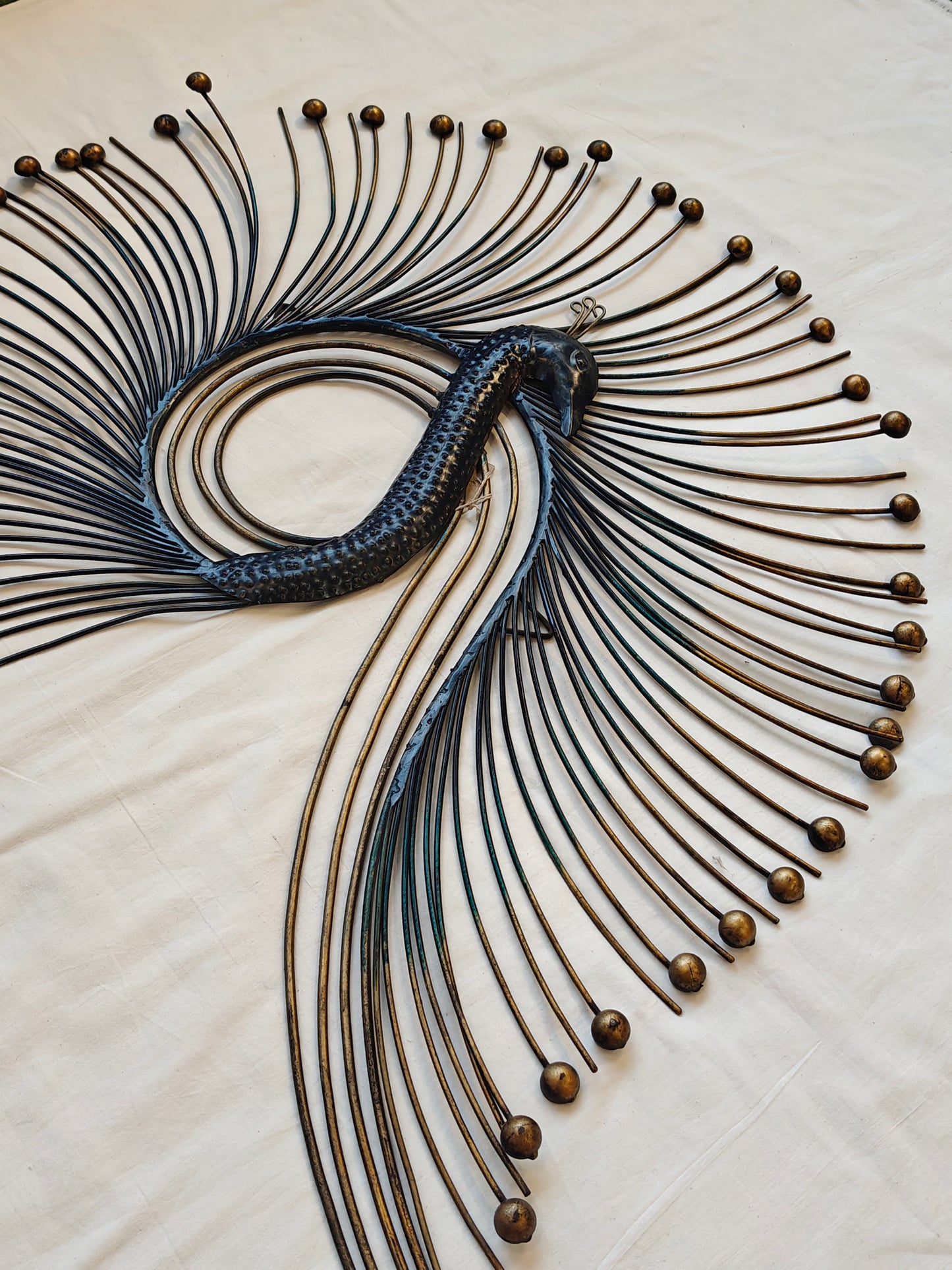 Blue and gold toned peacock wall decor - quirky handcrafted iron decor