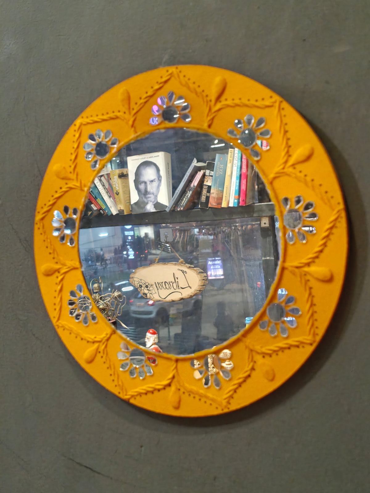Yellow round lippan mud art mirror work handmade wall plate