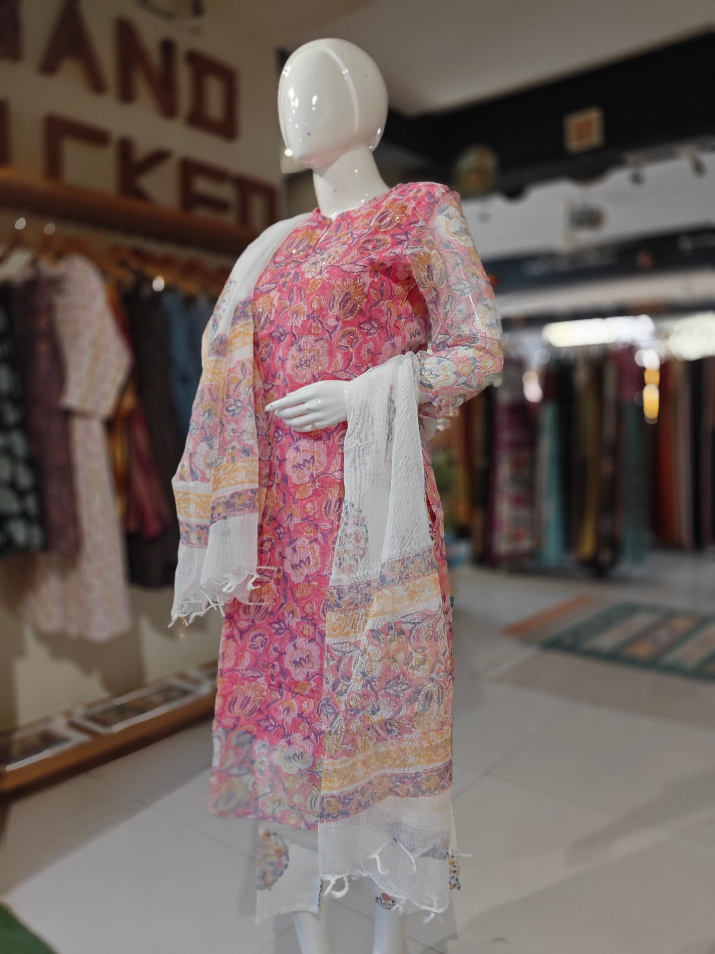 Pink floral hand block printed cotton 3 piece suit set with kota cotton dupatta