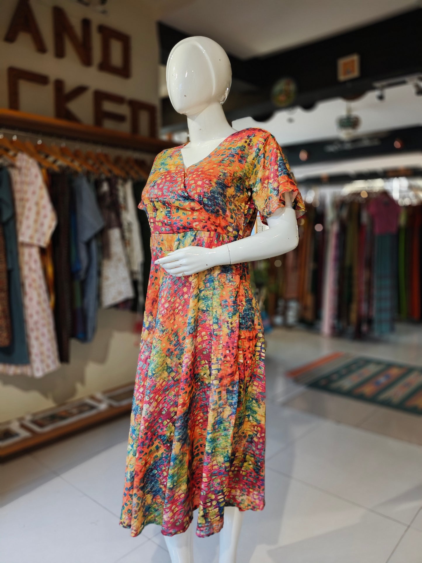 Colorful digital printed overlap front dress with flutter sleeves