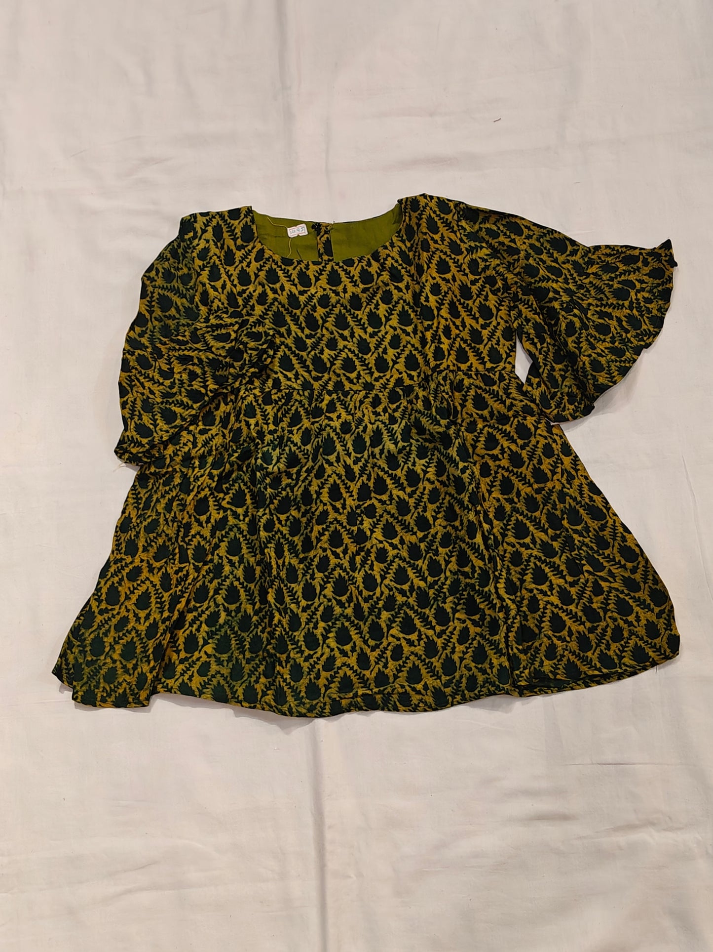 Green and yellow leaves handblock printed modal top for girls