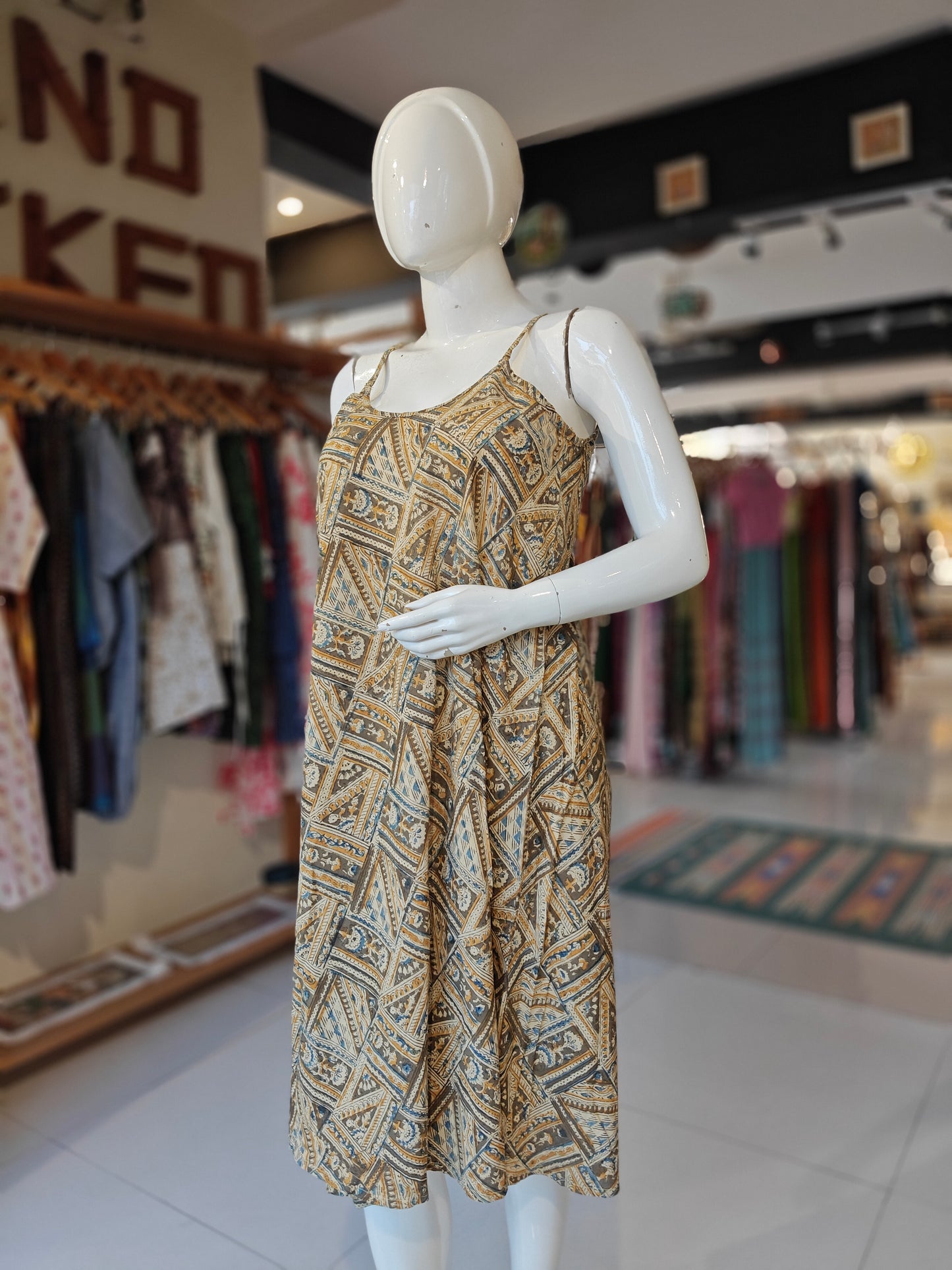 Olive n mustard yellow geometric floral Kalamkari handblock printed noodle straps dress