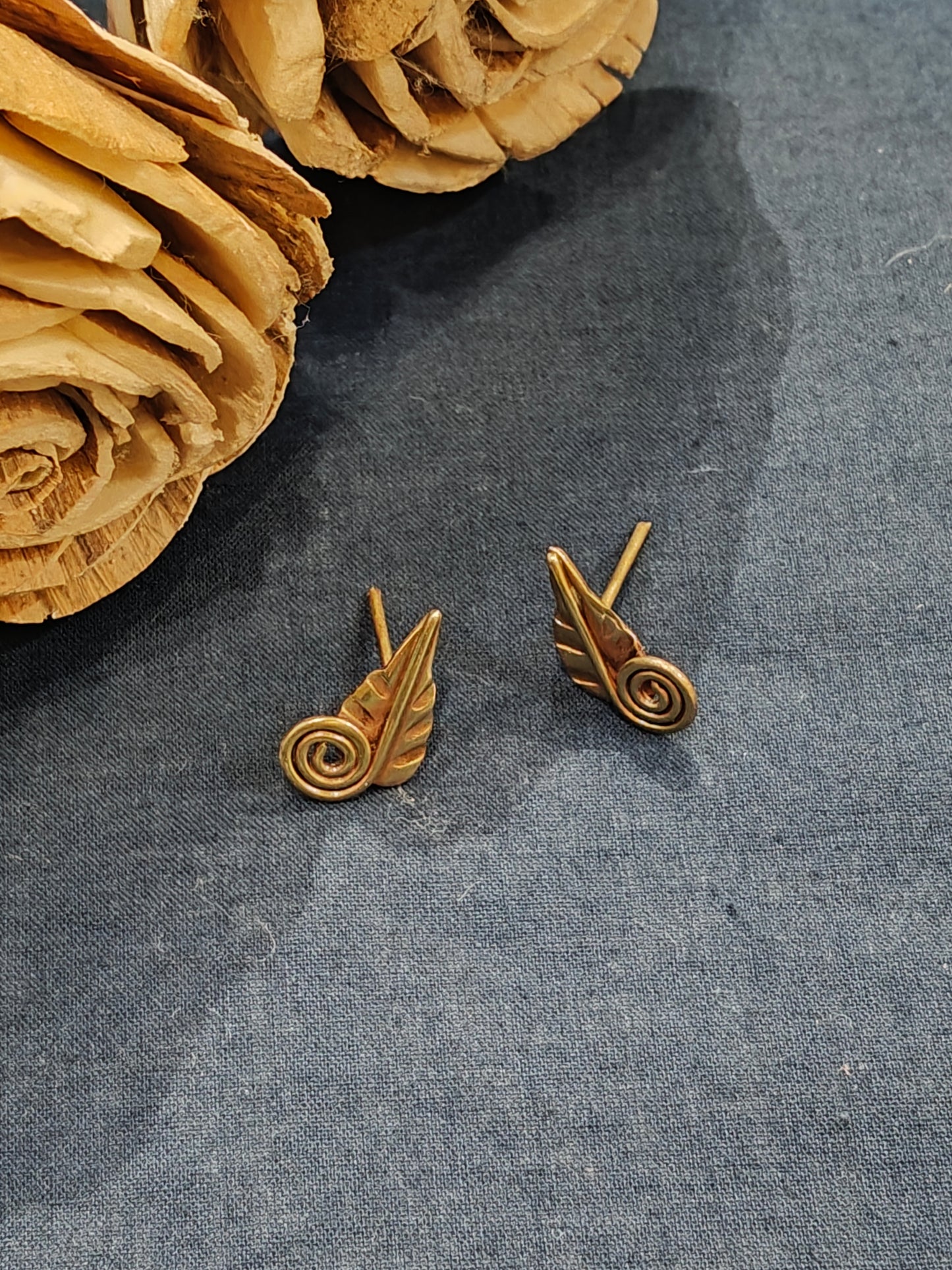 Tiny leaf shaped handcrafted copper brass stud earrings