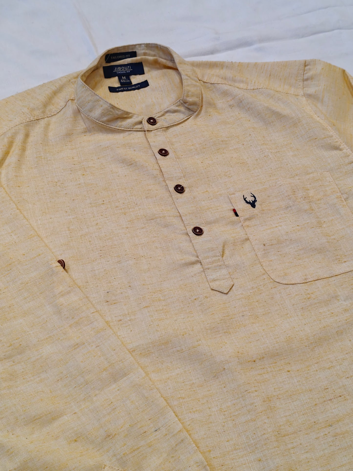 Yellow cotton full sleeved short kurta for men