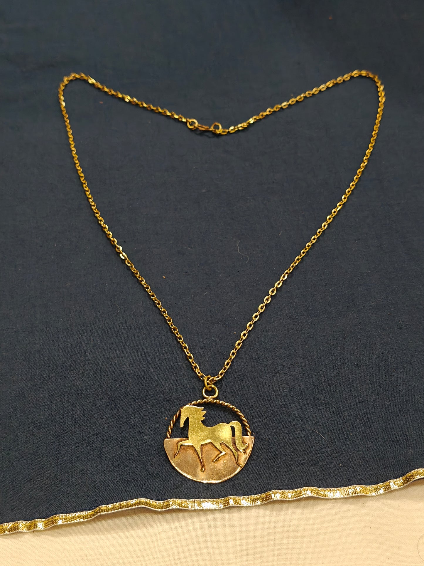 Prancing horse in a circle chain necklace - handcrafted in copper and brass