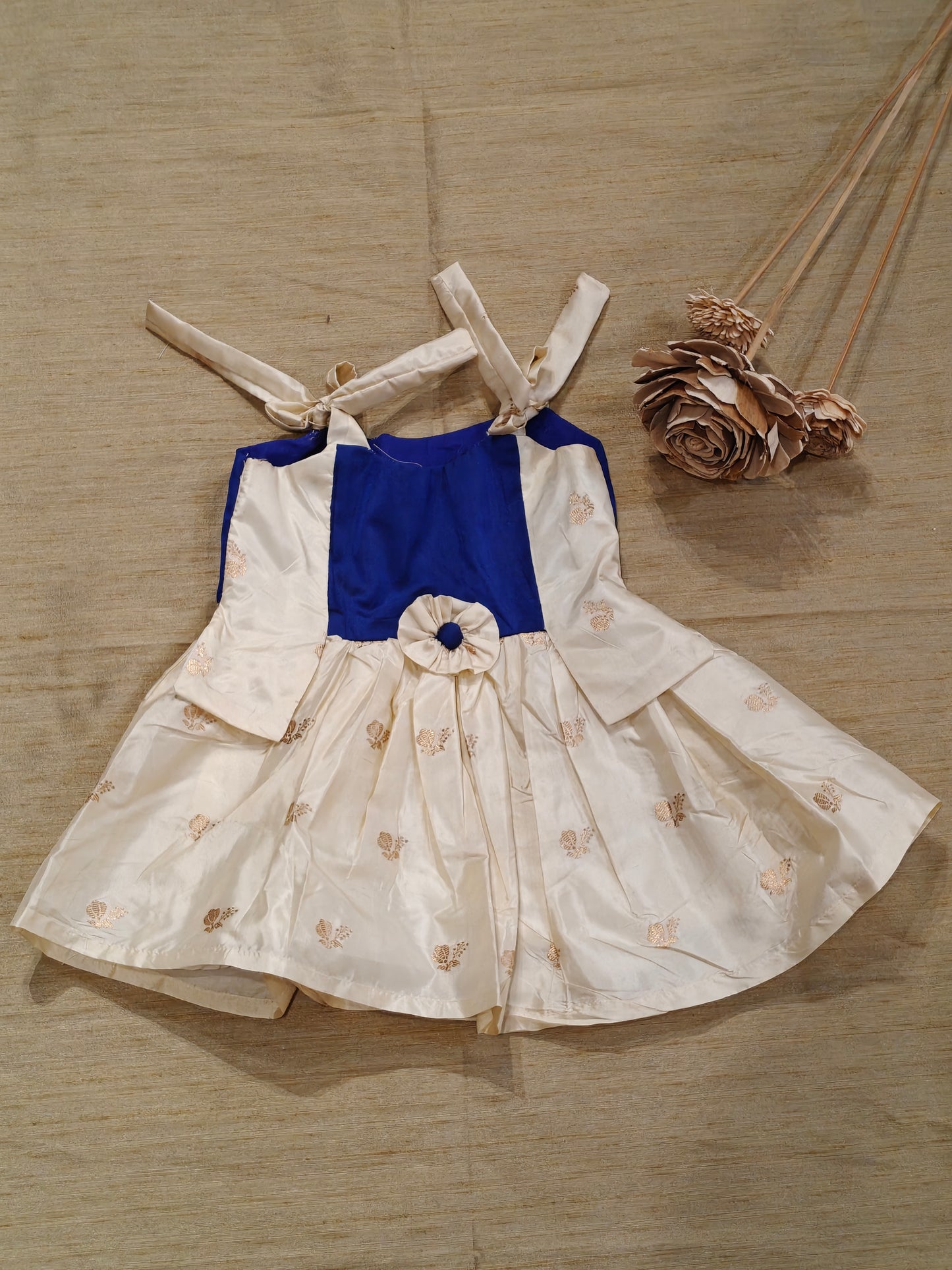 Cream and blue pure silk handwoven outfit for little girls