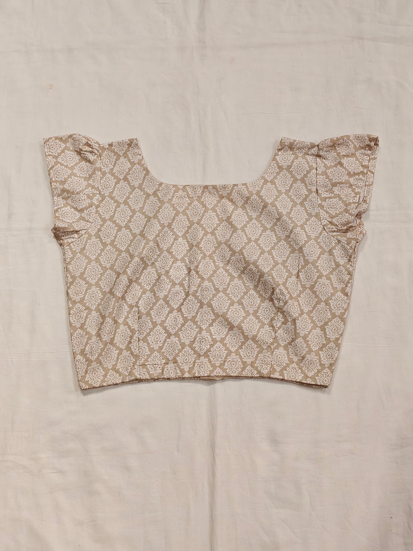 Beige and white prints V-neck silk blouse
