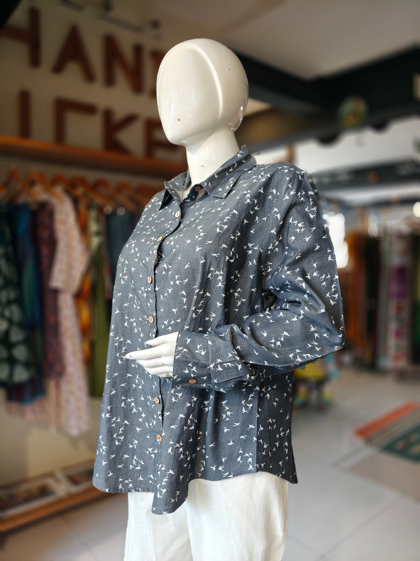 Grey with white birds printed shirt for women