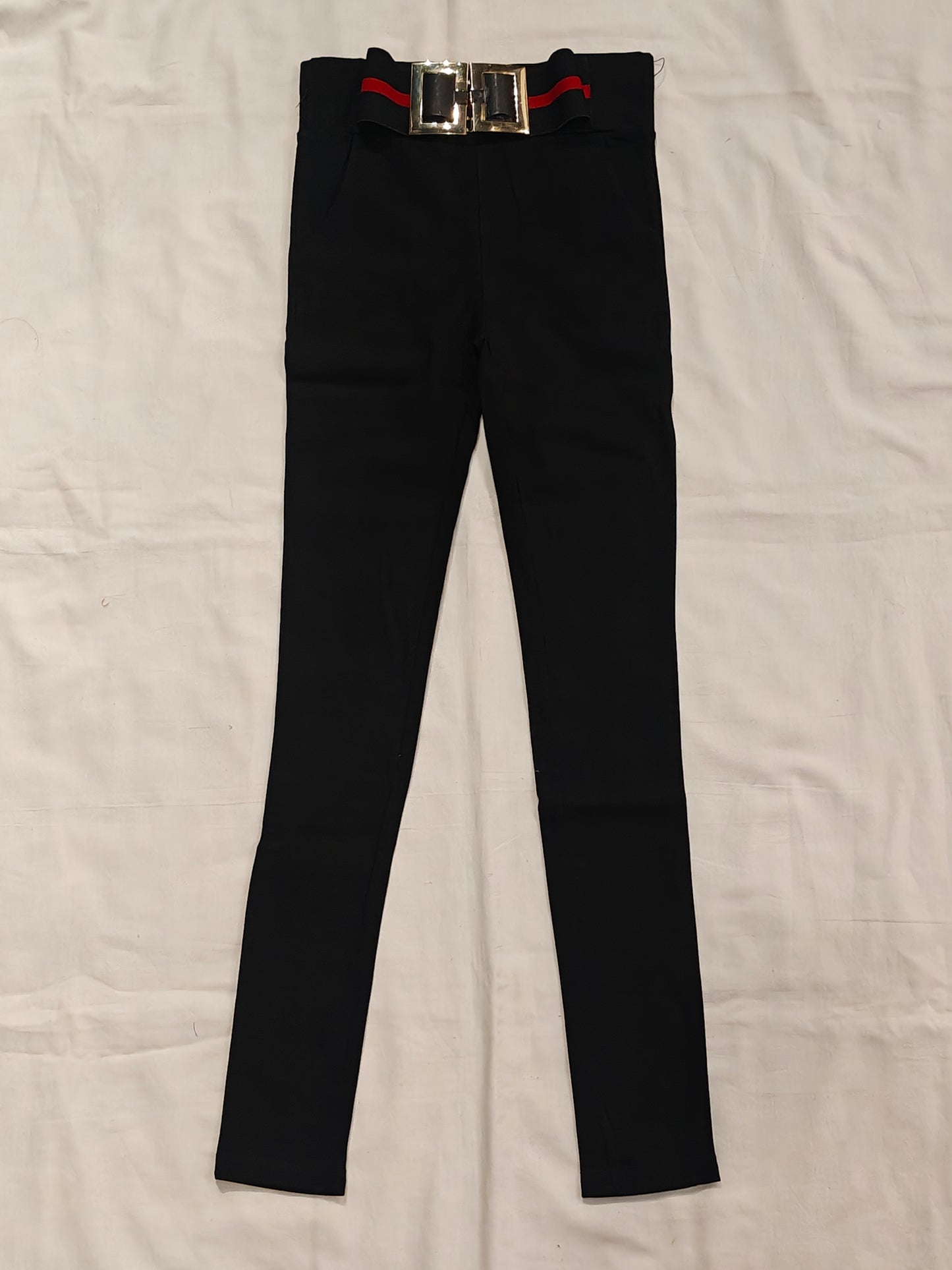 Black trousers with belt look red striped elastic waist band - narrow fit