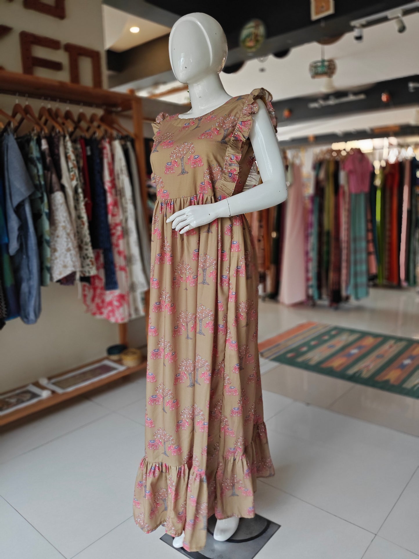 Olive and pink elephants printed dress with tiered hem