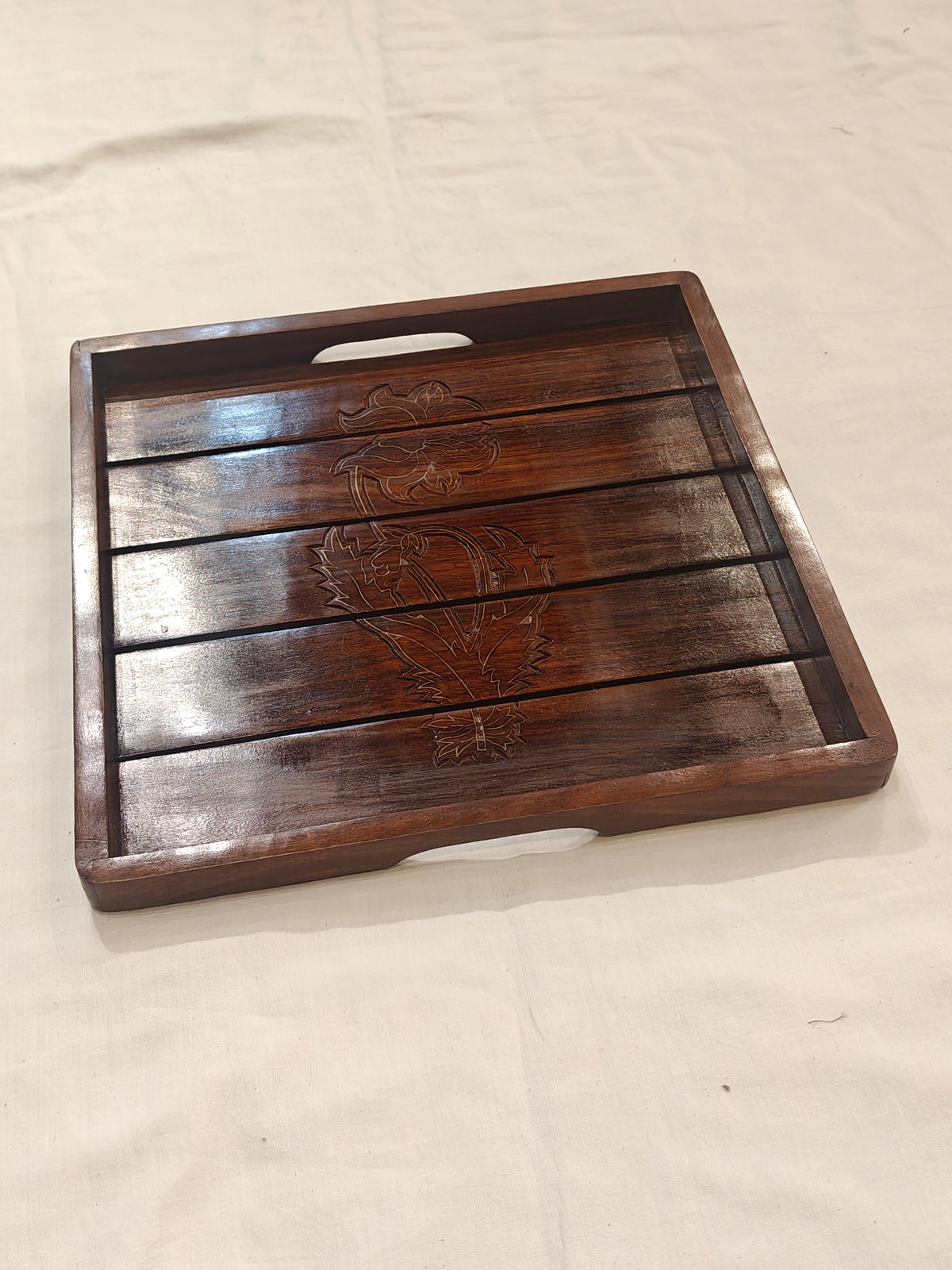 Brass inlay work wooden handcrafted tray - 12 x 12 inches