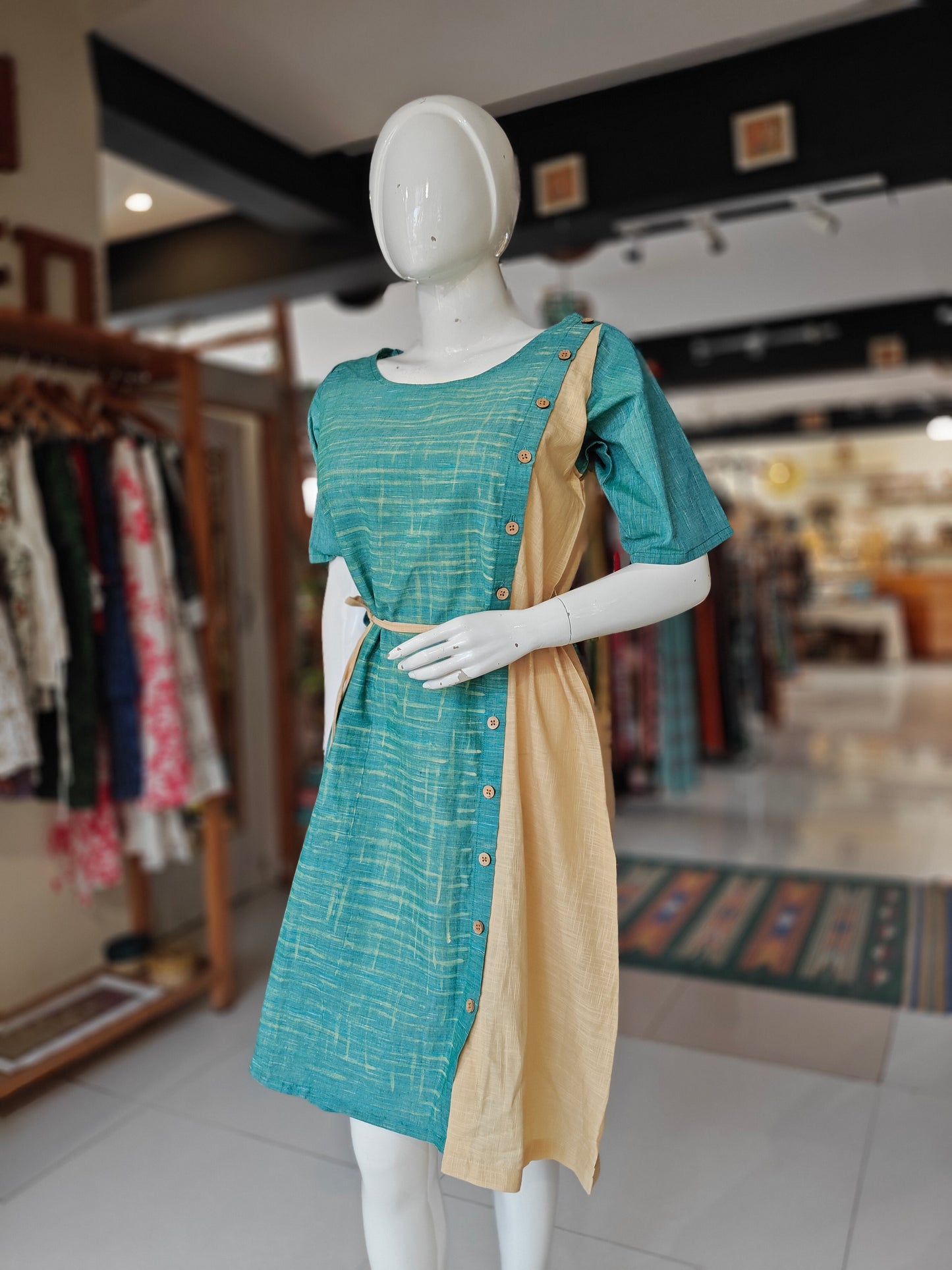 Green and beige cotton A-line dress with buttons and belt