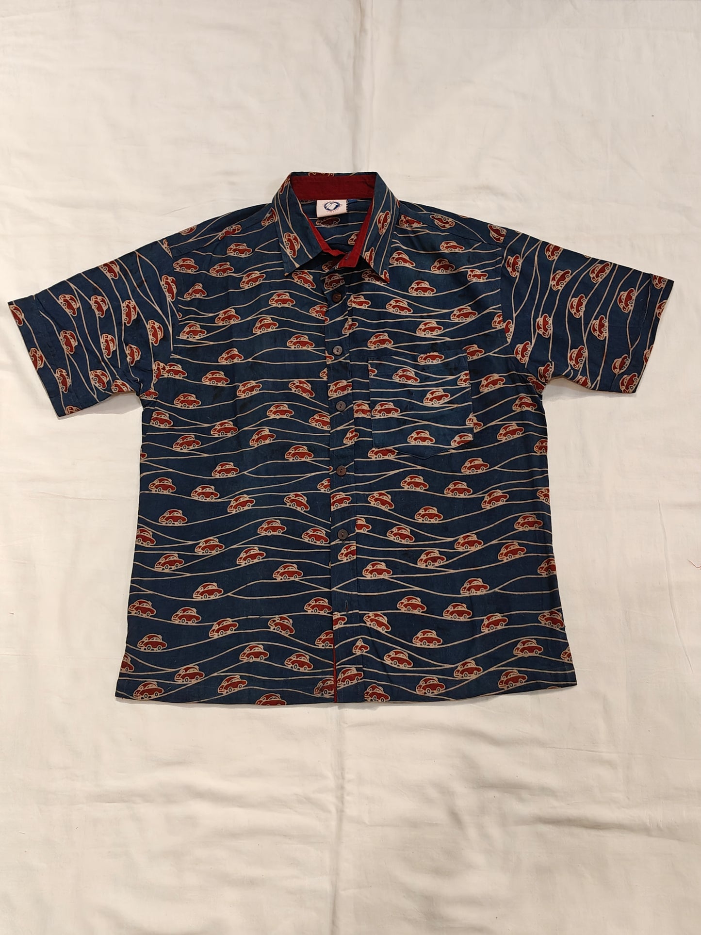 Indigo with maroon car handblock prints natural dyed cotton men's shirt