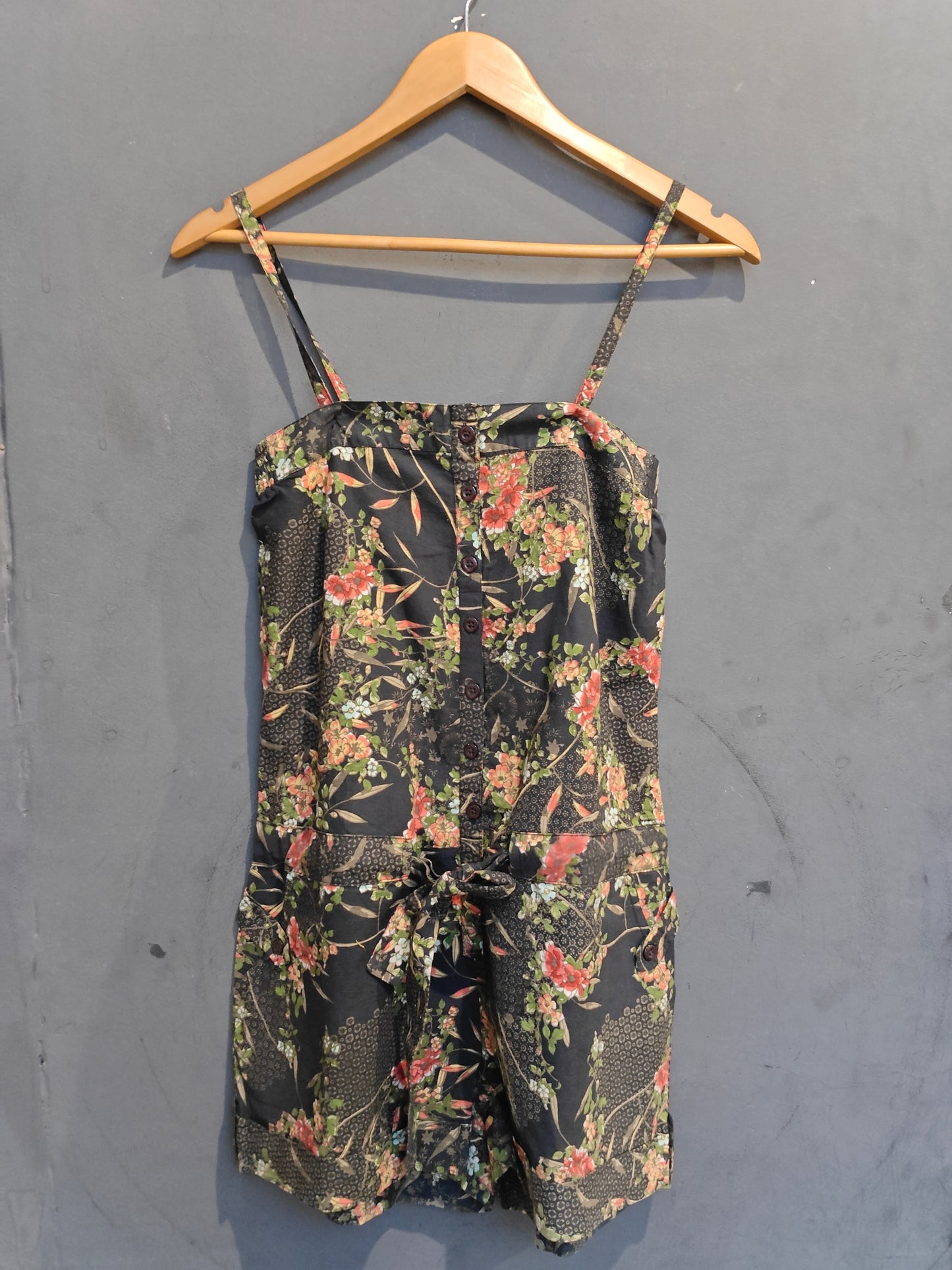 Black with floral prints strappy button down romper / short jumpsuit
