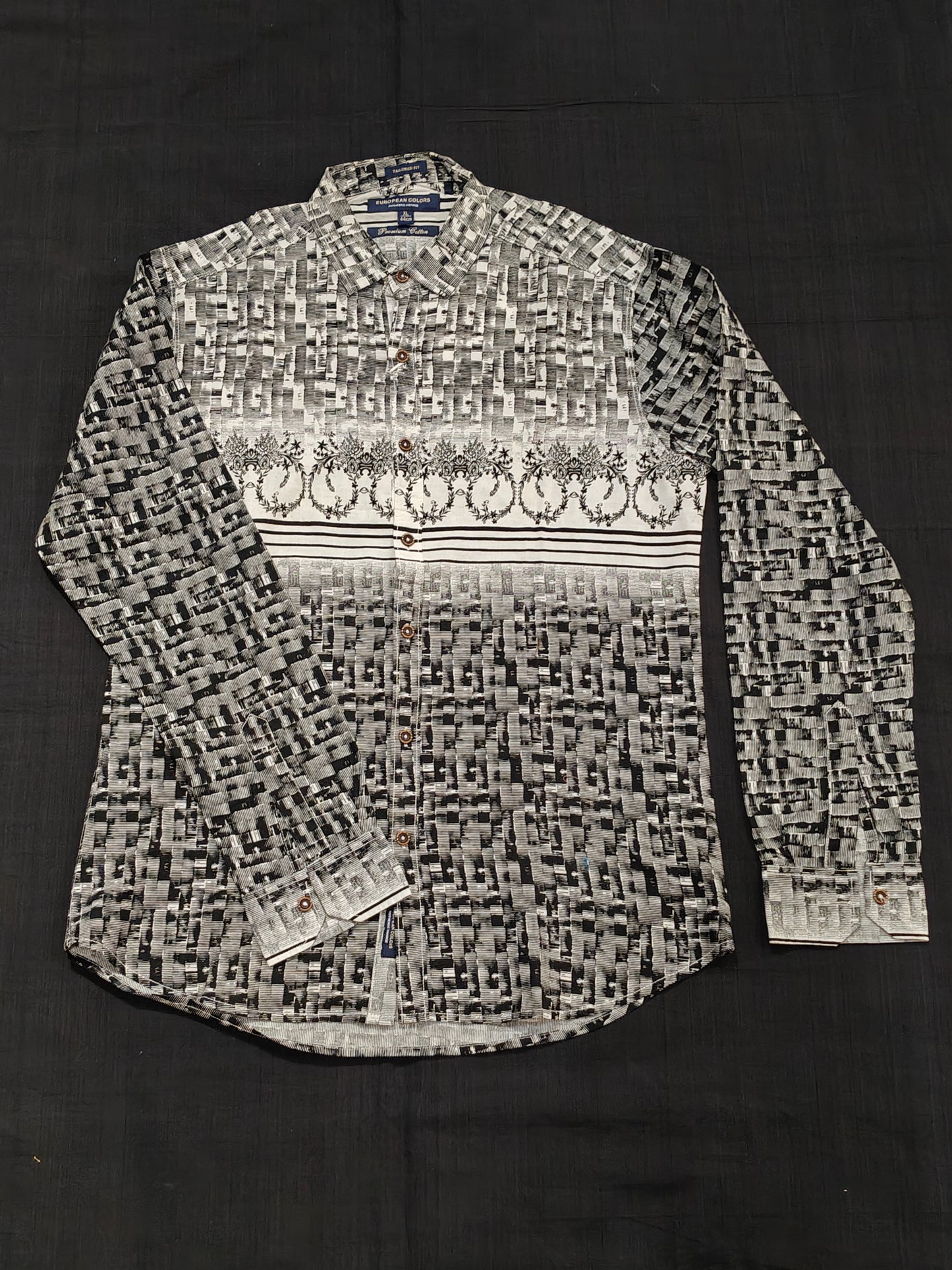 White and black printed long sleeved cotton shirt for men