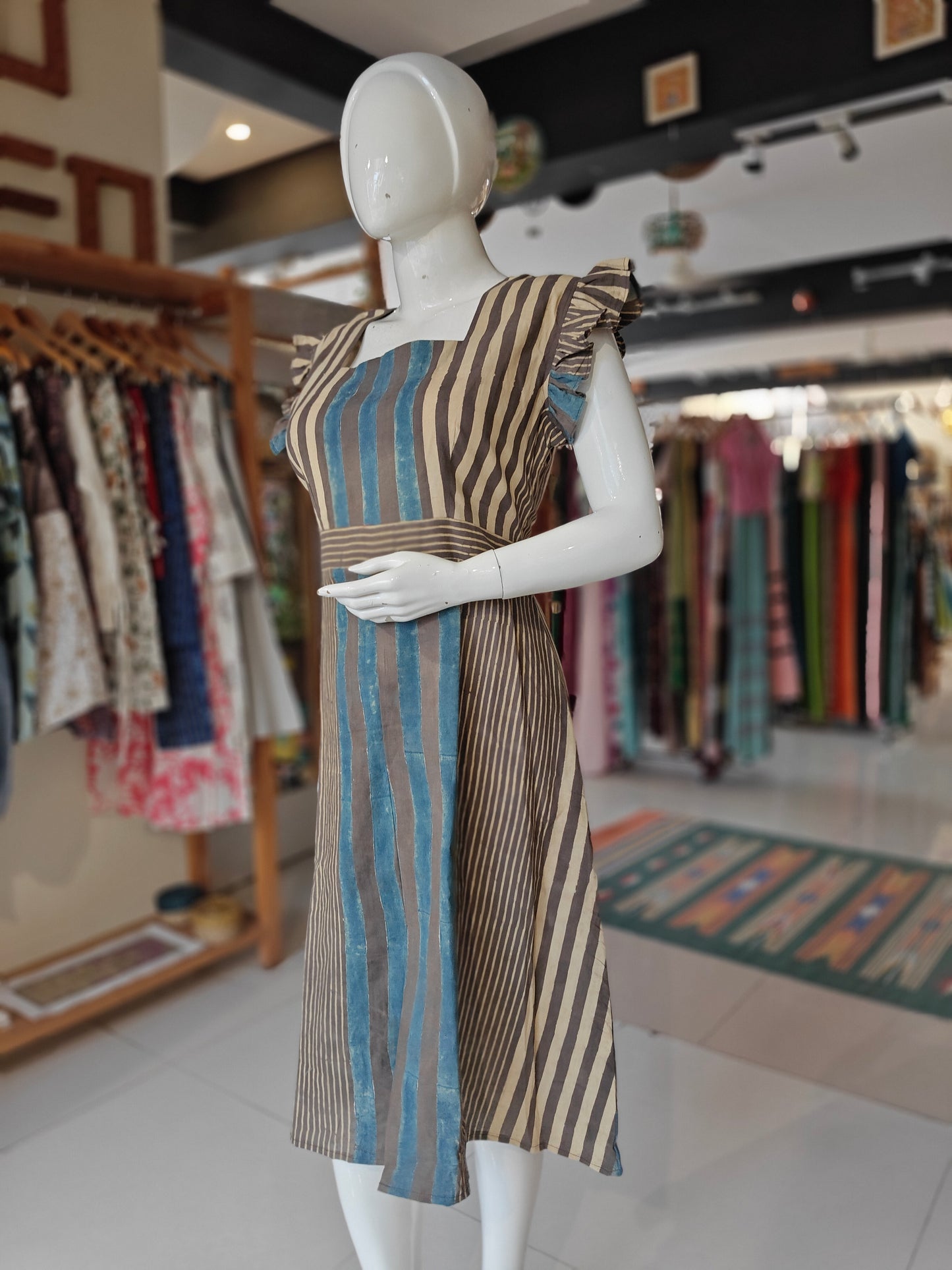 Cream, blue handblock printed striped cotton dress