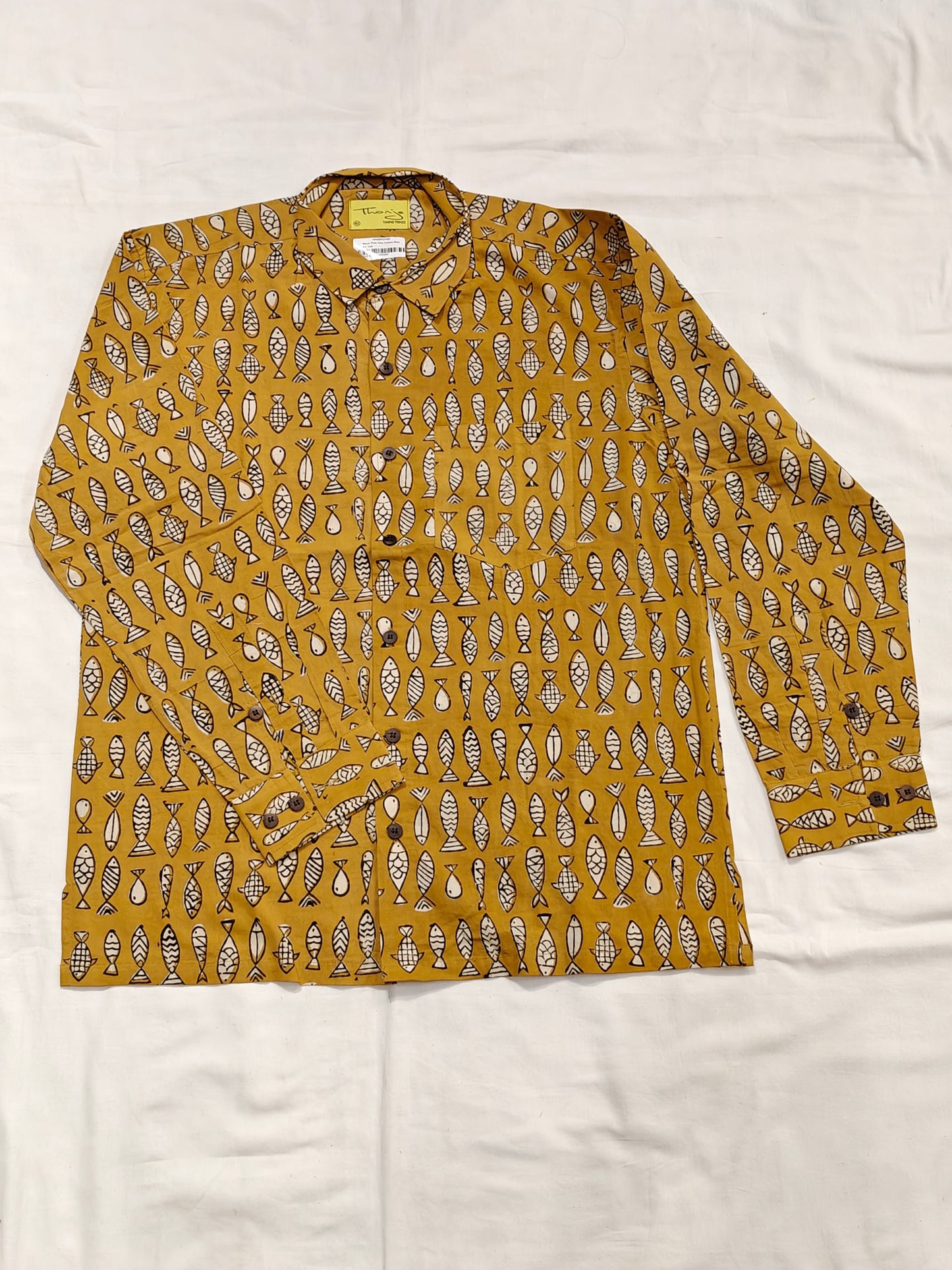 Mustard yellow with Handblock printed fishes cotton shirt for men