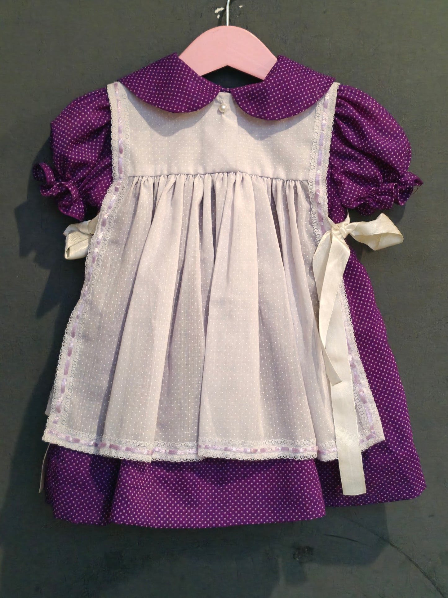 Purple and white with polka dots printed hand embroidered smocking cotton frock