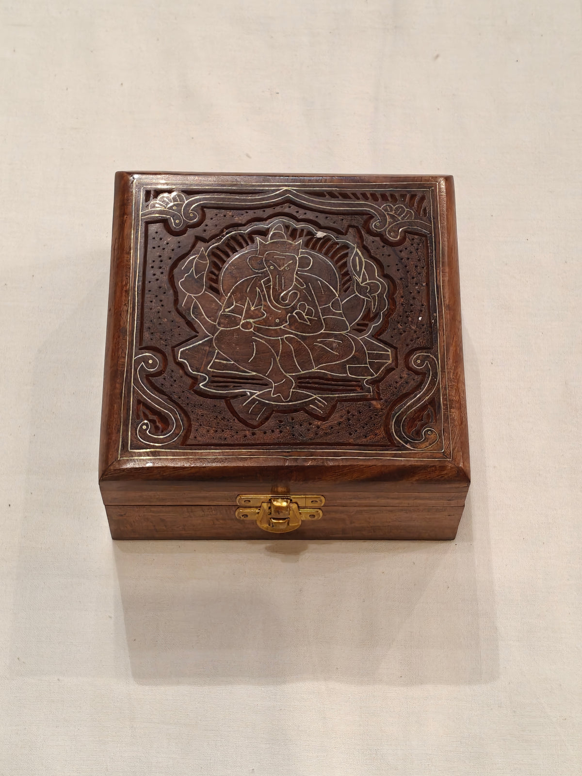 Brass inlay work wooden jewellery box - 5 × 5 × 2.5 Inches