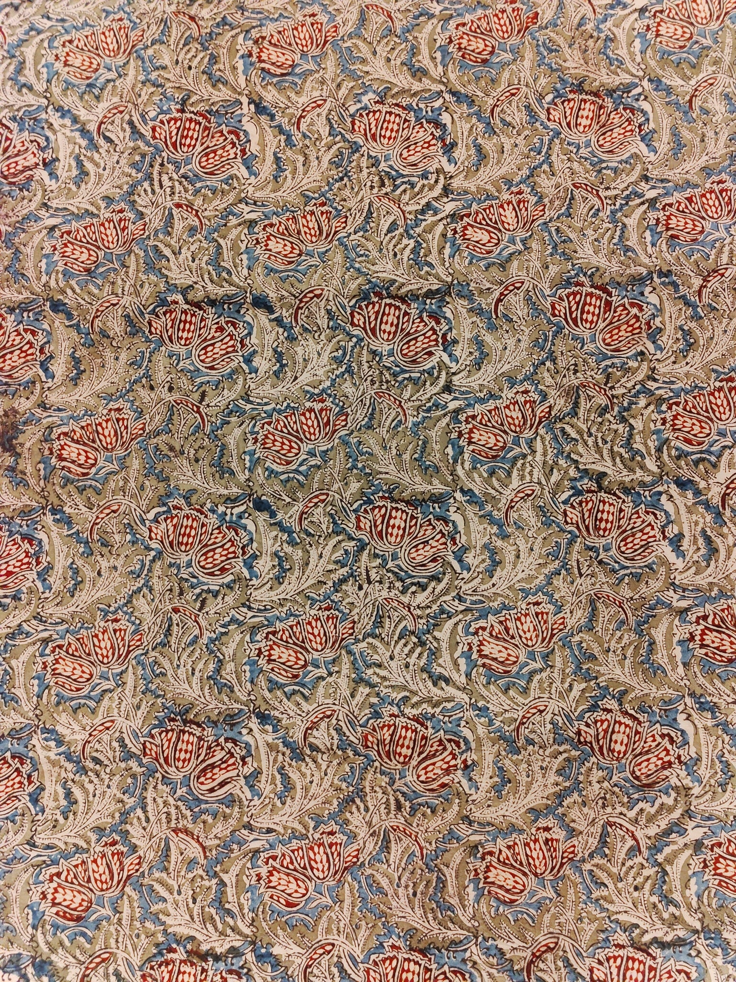 Red blue floral design handblock printed Kalamkari cotton fabric