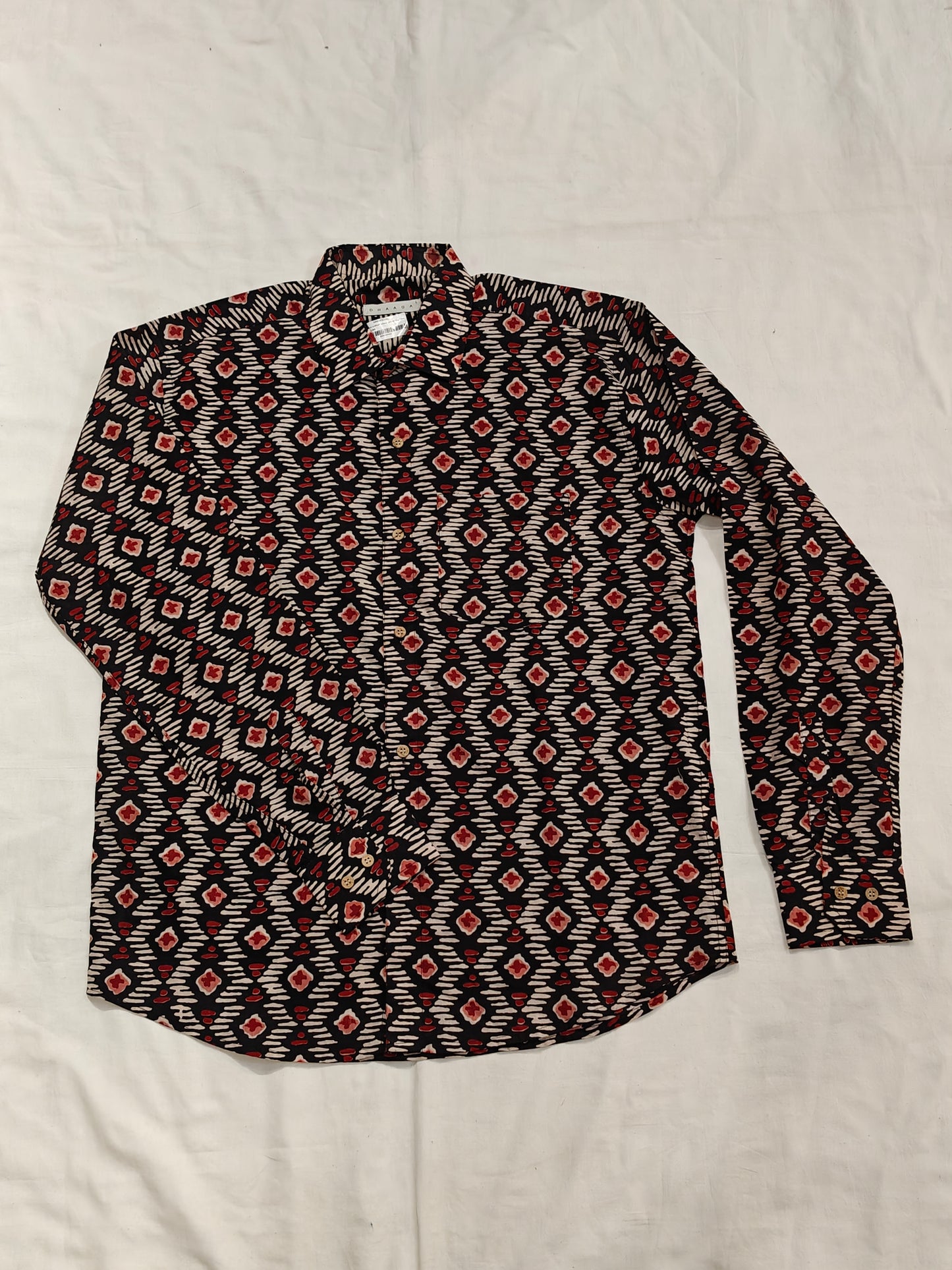 Black cotton shirt with cream and red striped geometric hand block printed pattern