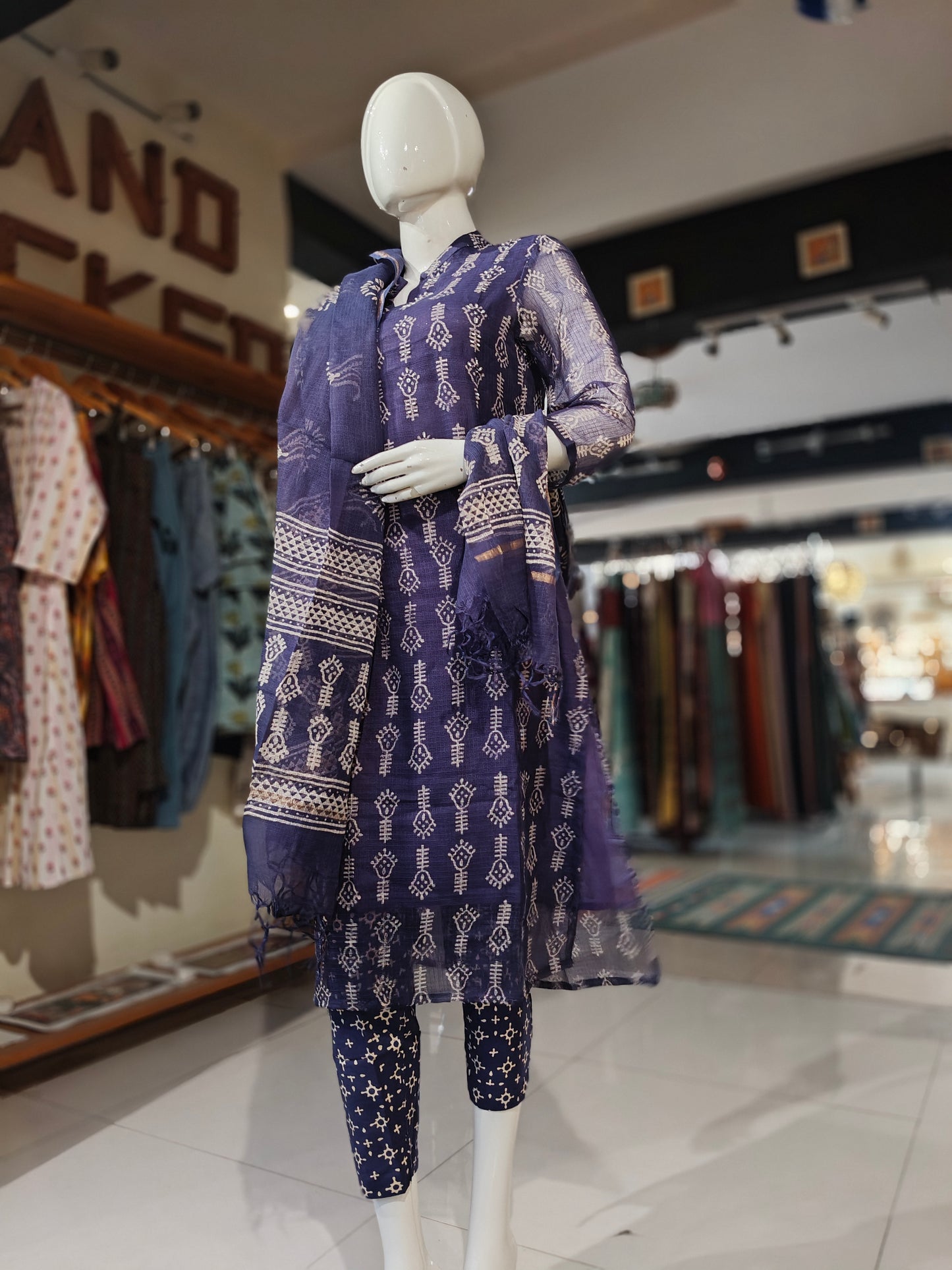 Violet hand block printed cotton 3 piece suit set with kota cotton dupatta