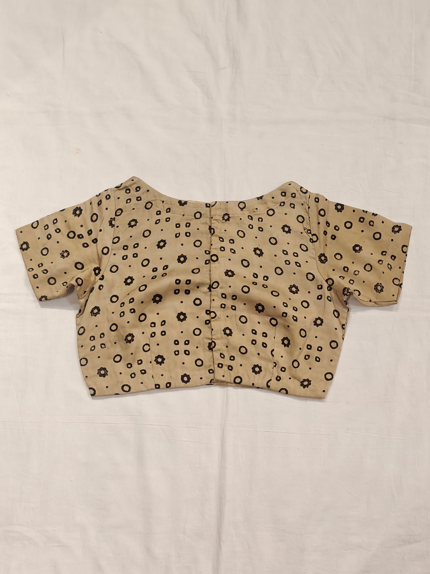 Beige with black Ajrakh hand block print short sleeves modal blouse