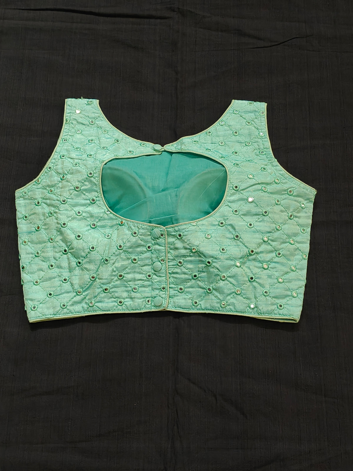 Green raw silk sleeveless blouse with mirror embroidery- back open