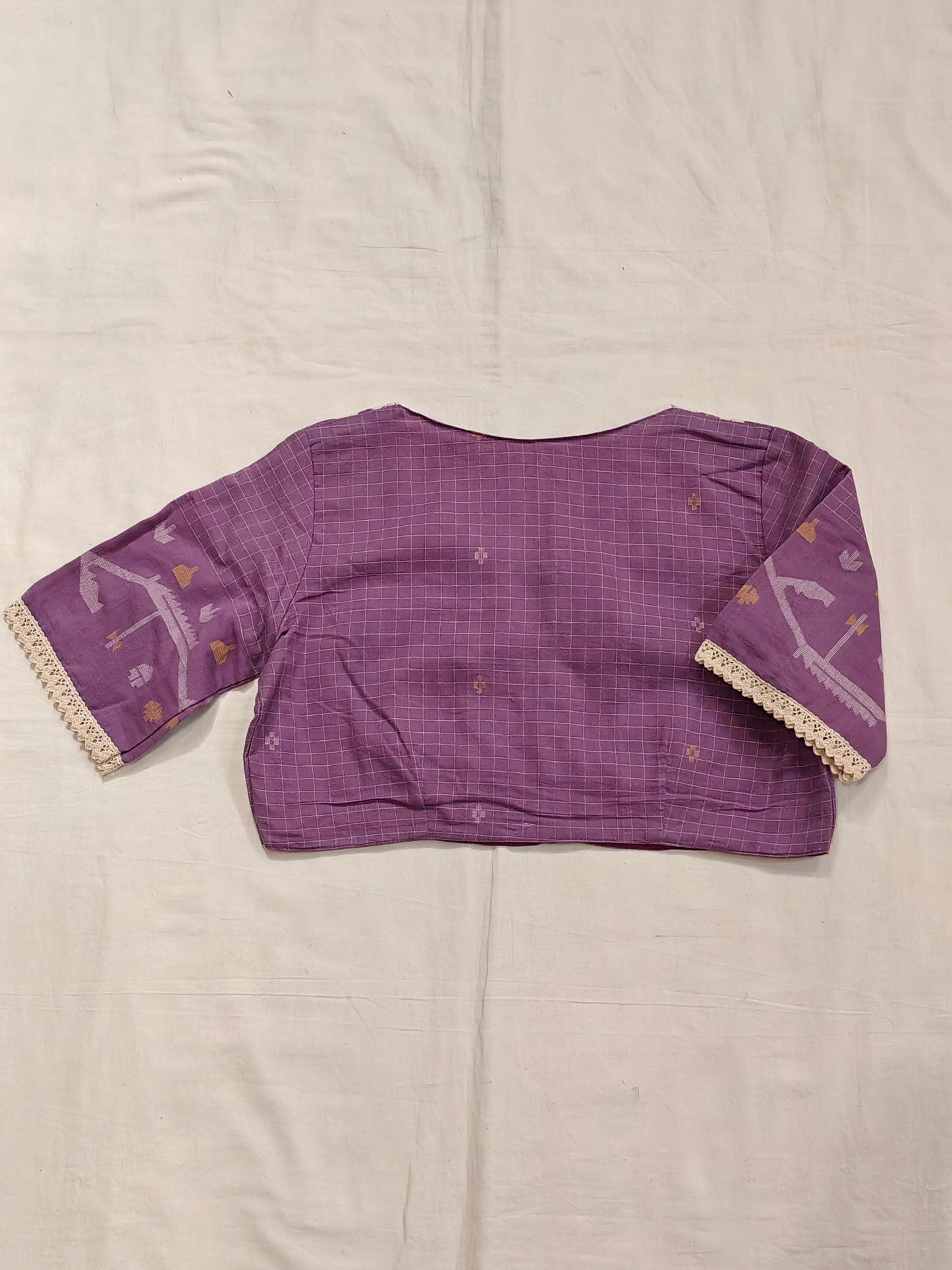Purple Jamdani handloom cotton blouse with white lace trim