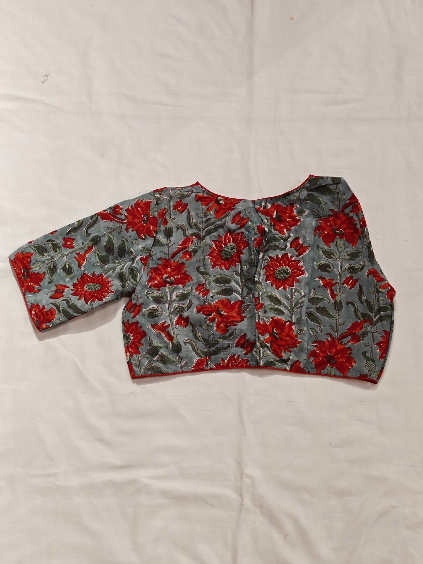 Sea green n orange floral printed cotton elbow sleeves blouse