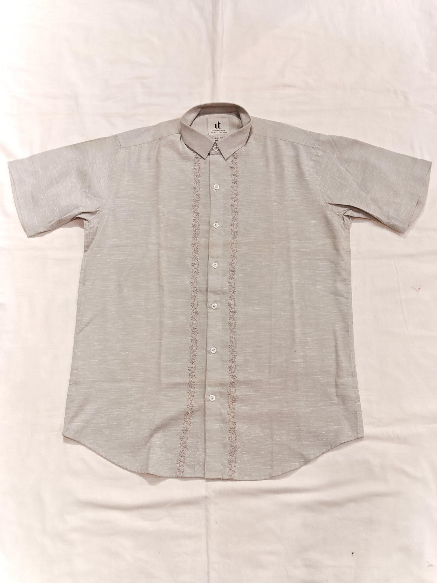 Grey embroidered short sleeved cotton men's shirt
