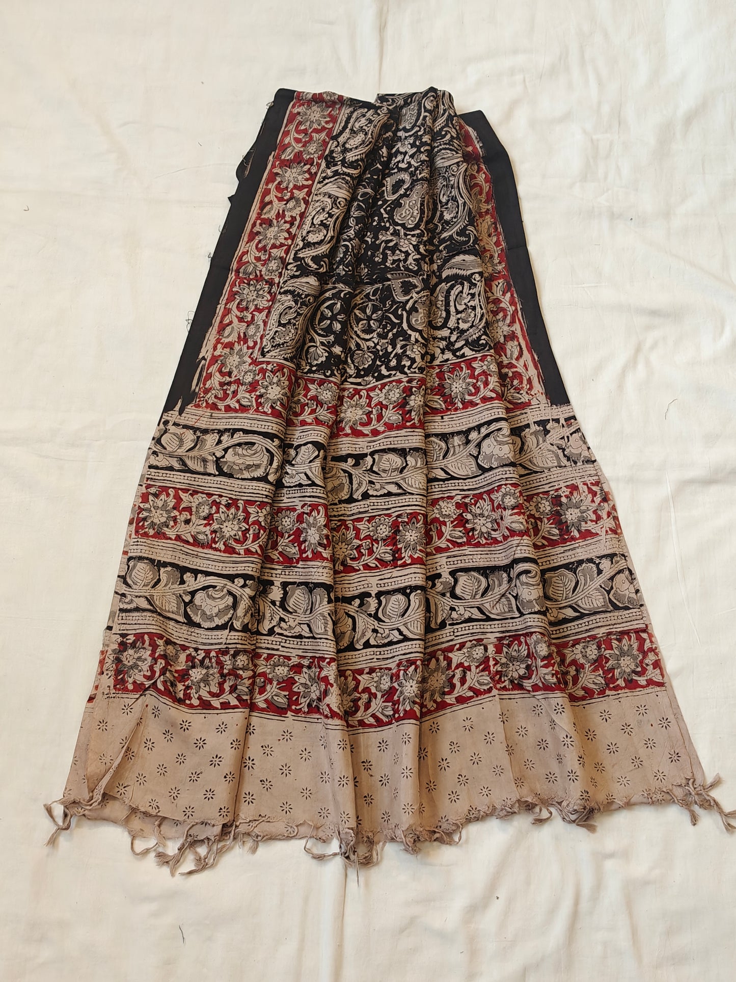 Beige n black Kalamkari floral hand block printed art silk dupatta