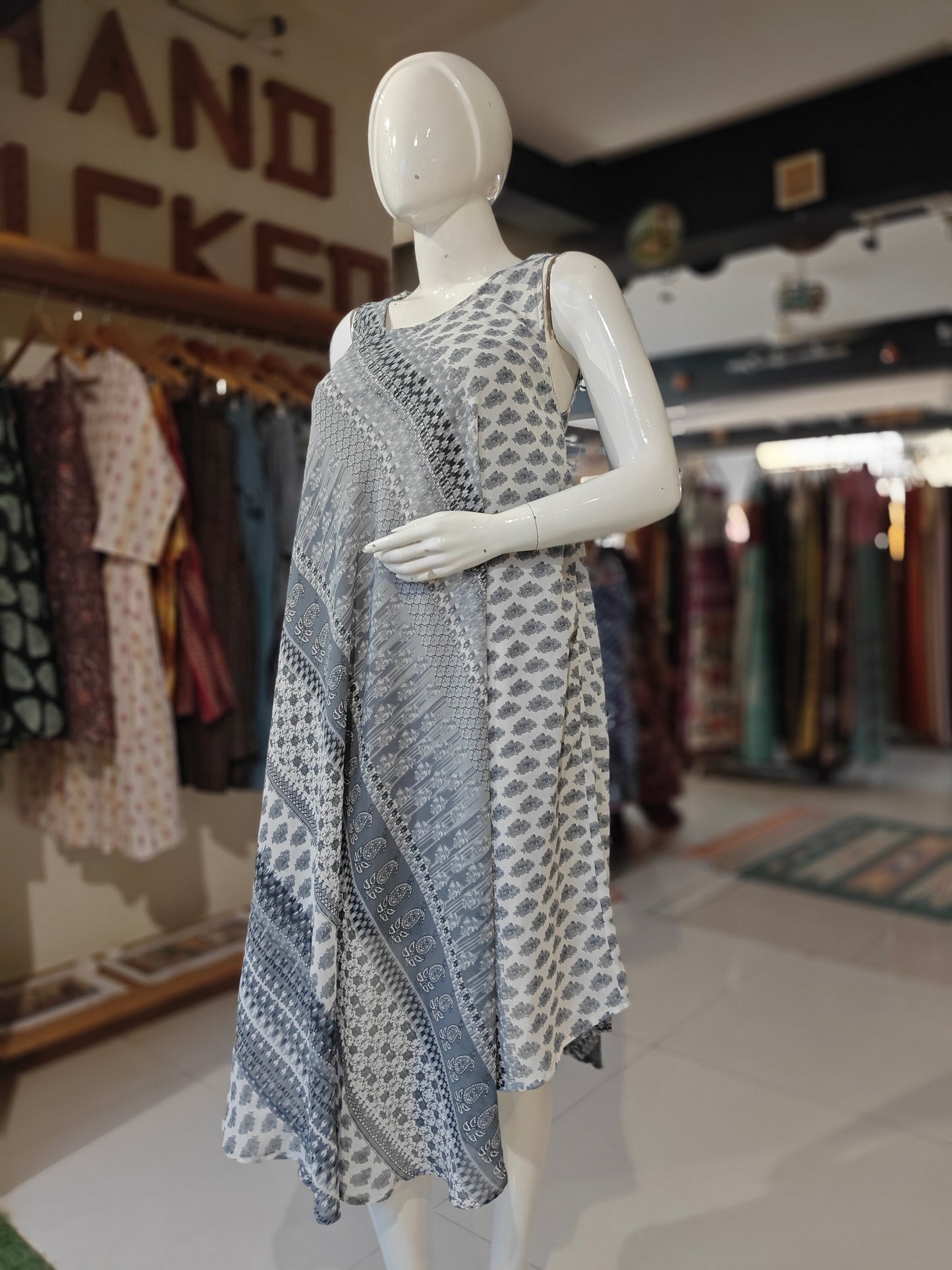 Grey and white patterned umbrella cut georgette dress