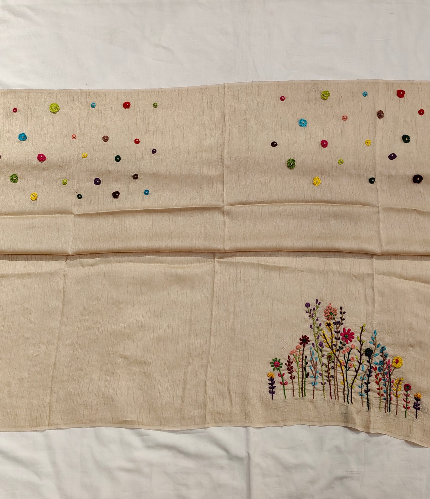 Cream handloom silk unstitched blouse piece with colourful flowers embroidered