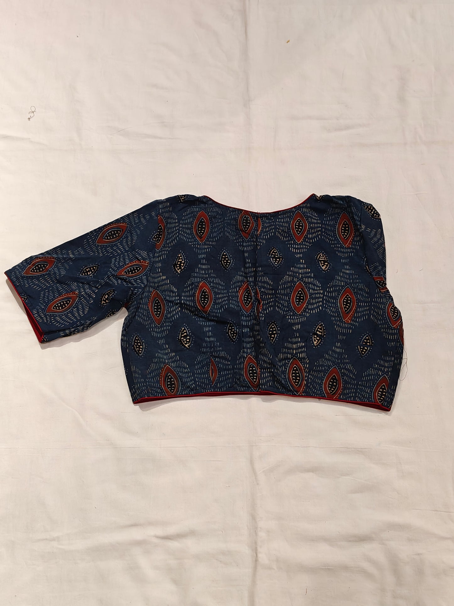 Indigo n maroon Ajrakh handblock printed elbow sleeved blouse