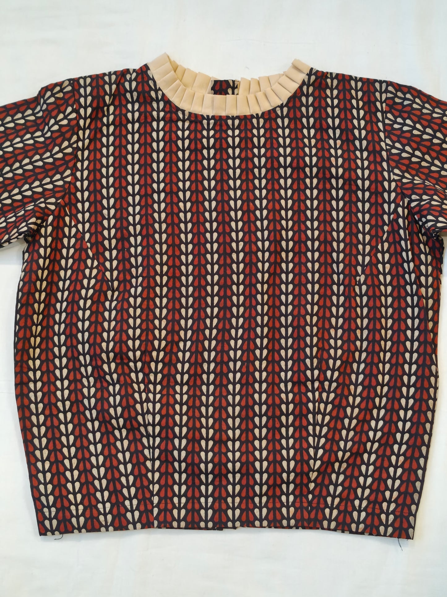 Maroon and black handblock printed cotton crop top blouse with closed neck