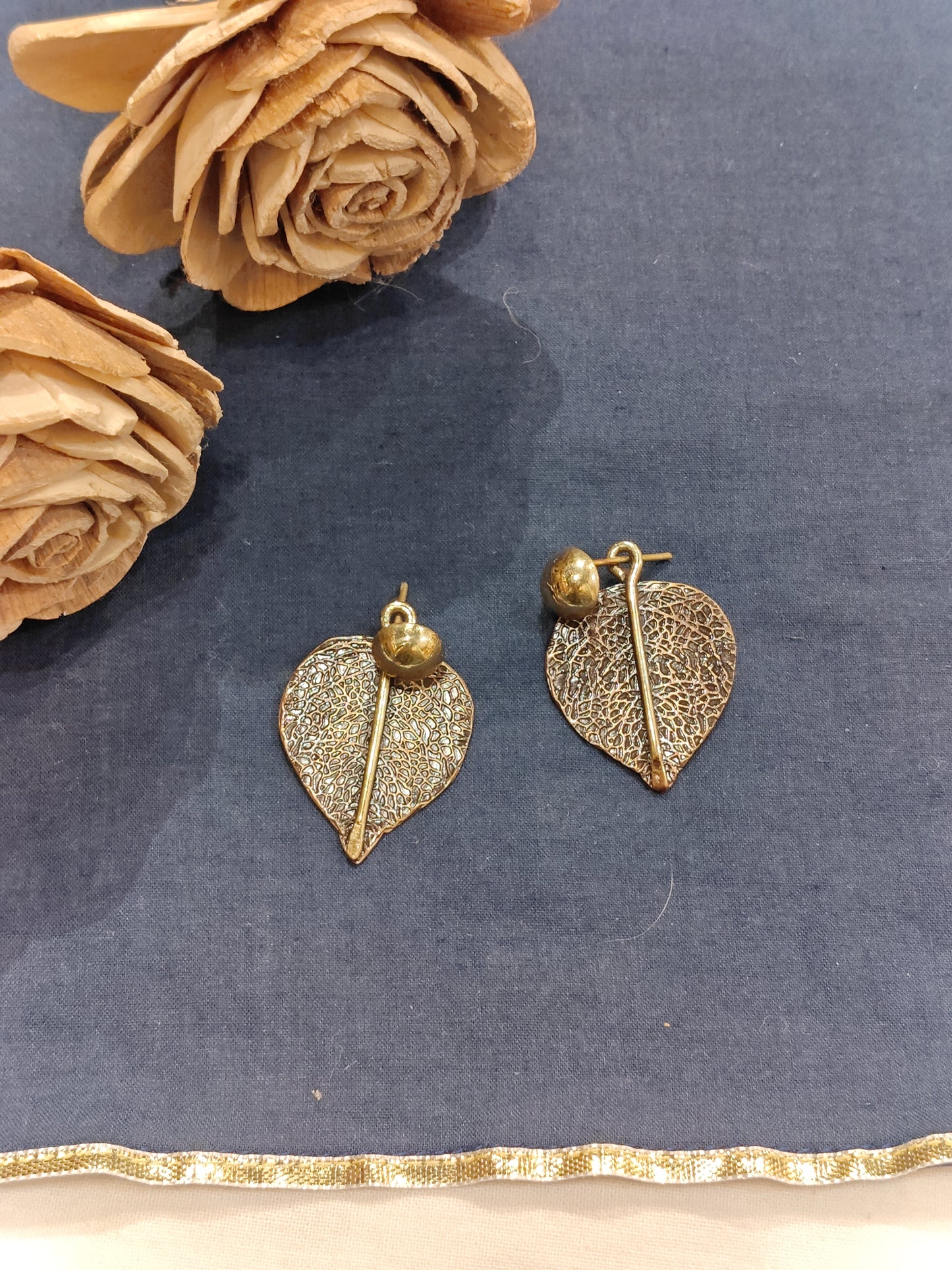 Copper and brass structured leaf design stud earrings - handcrafted