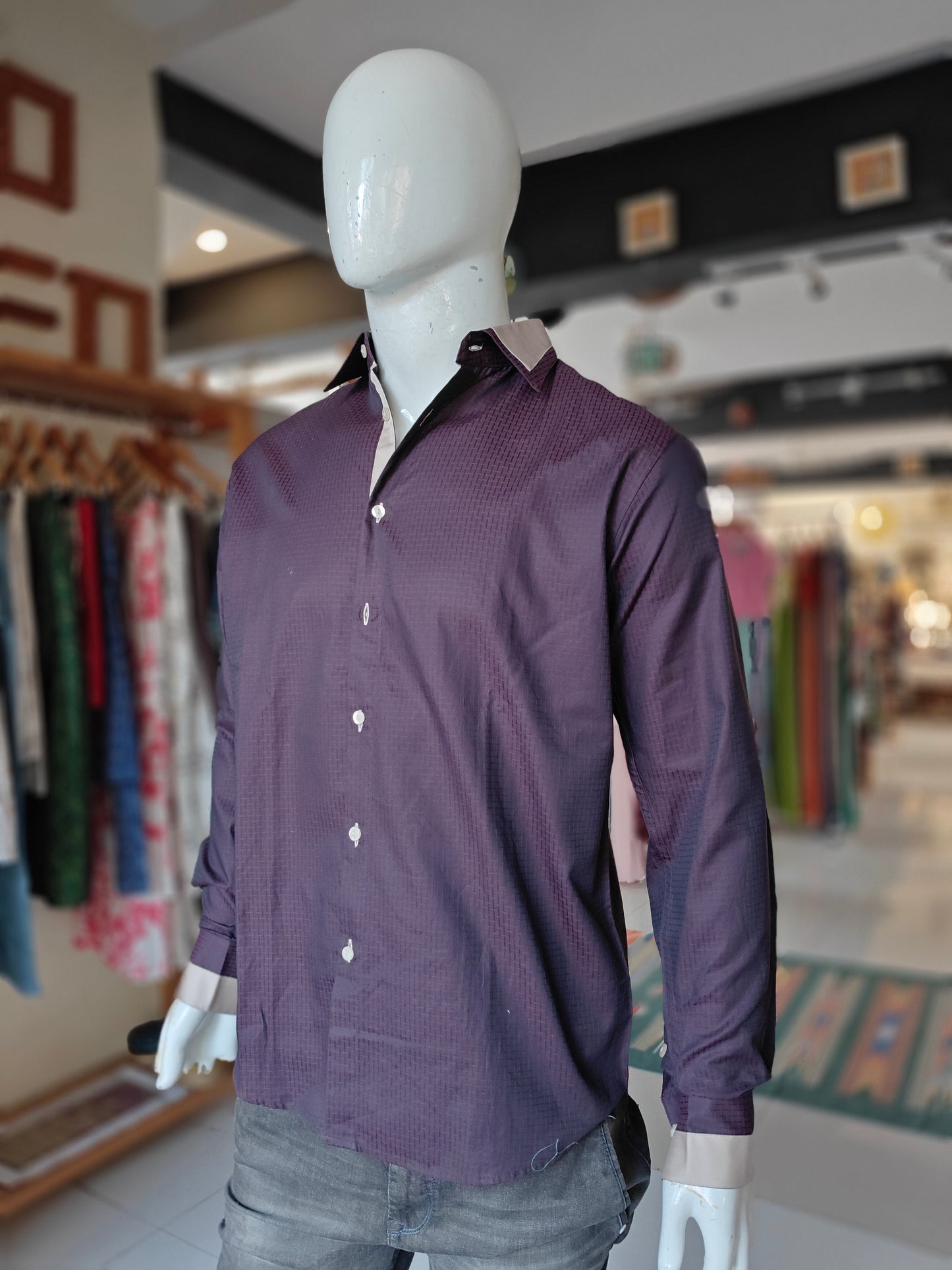 Maroon textured cotton long sleeved shirt for men