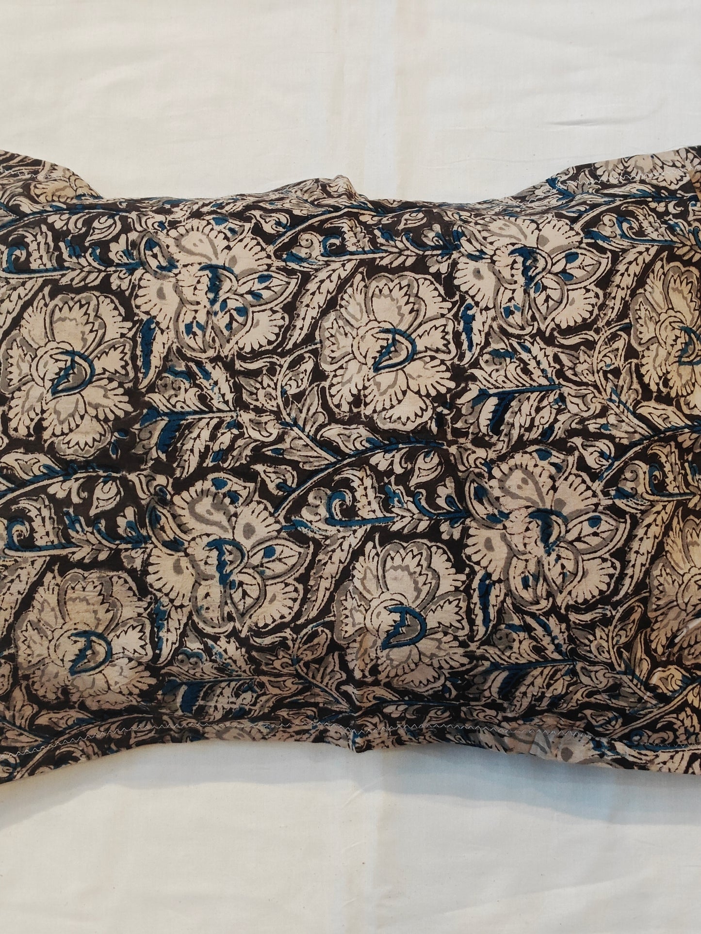 Dark brown, blue and beige floral han Kalamkari hand block printed cotton pillow cover