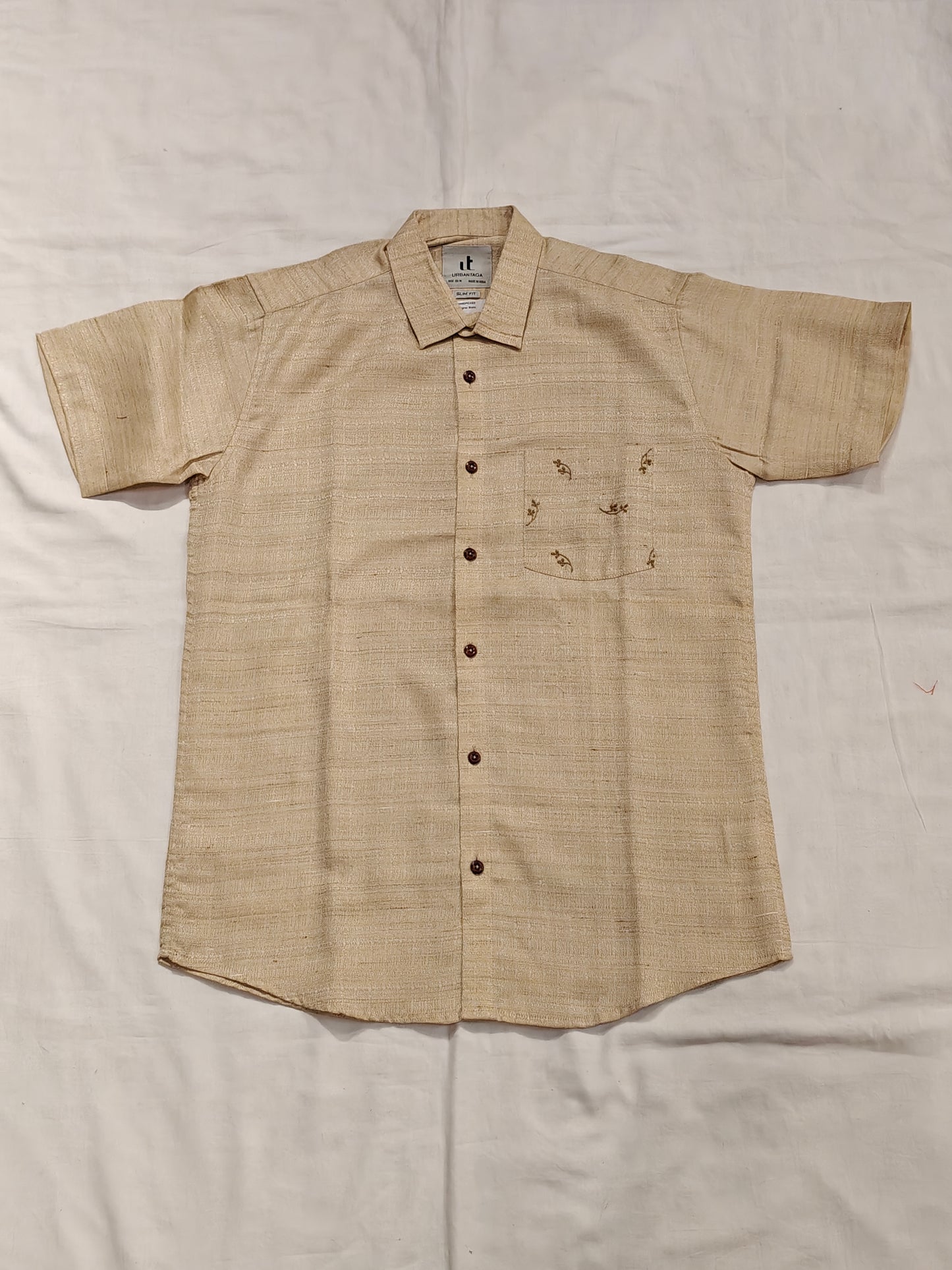 Beige with hand embroidered pocket, short sleeved men's shirt